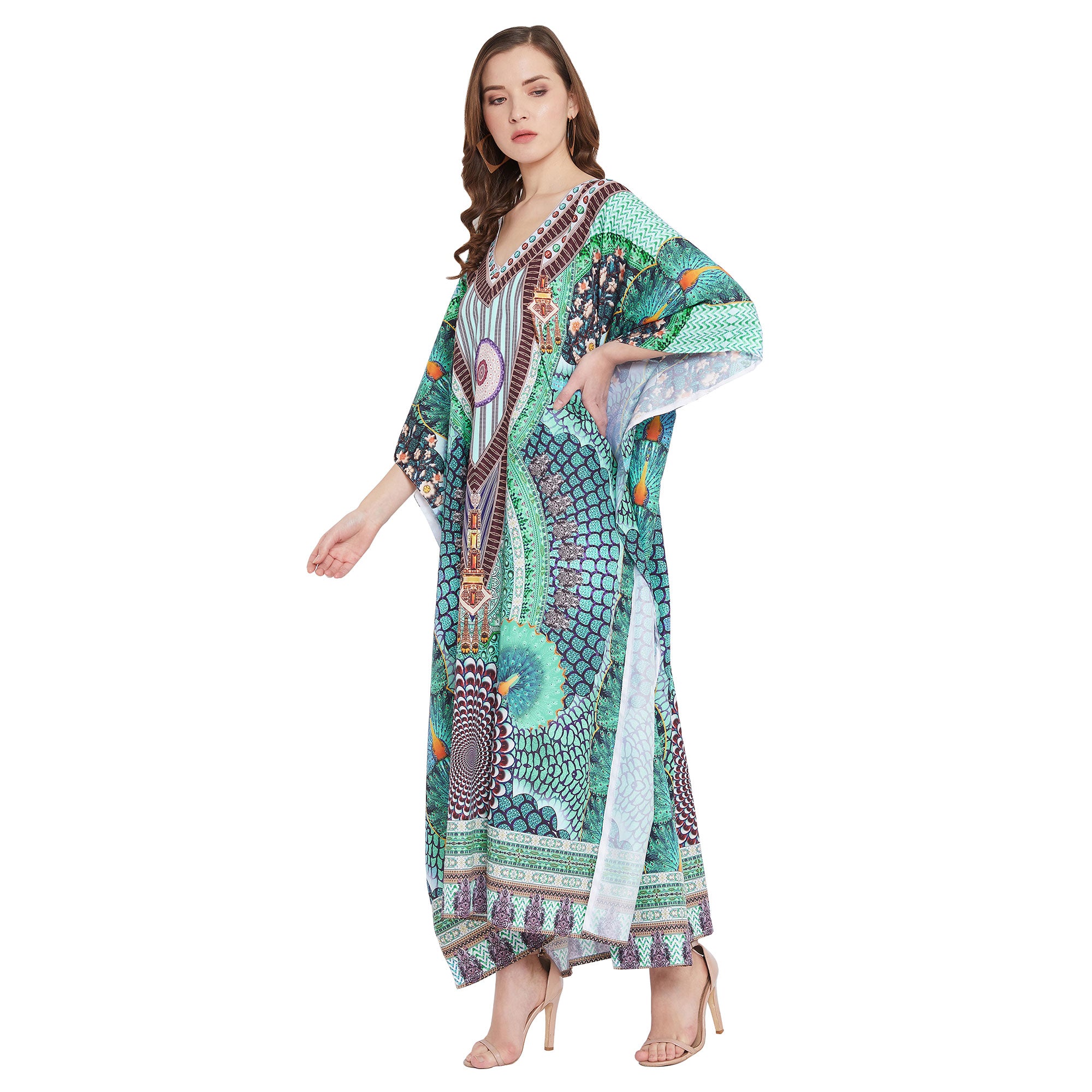 Peacock Print Polyester Kimono Sleeve Plus Size Kaftan For Women