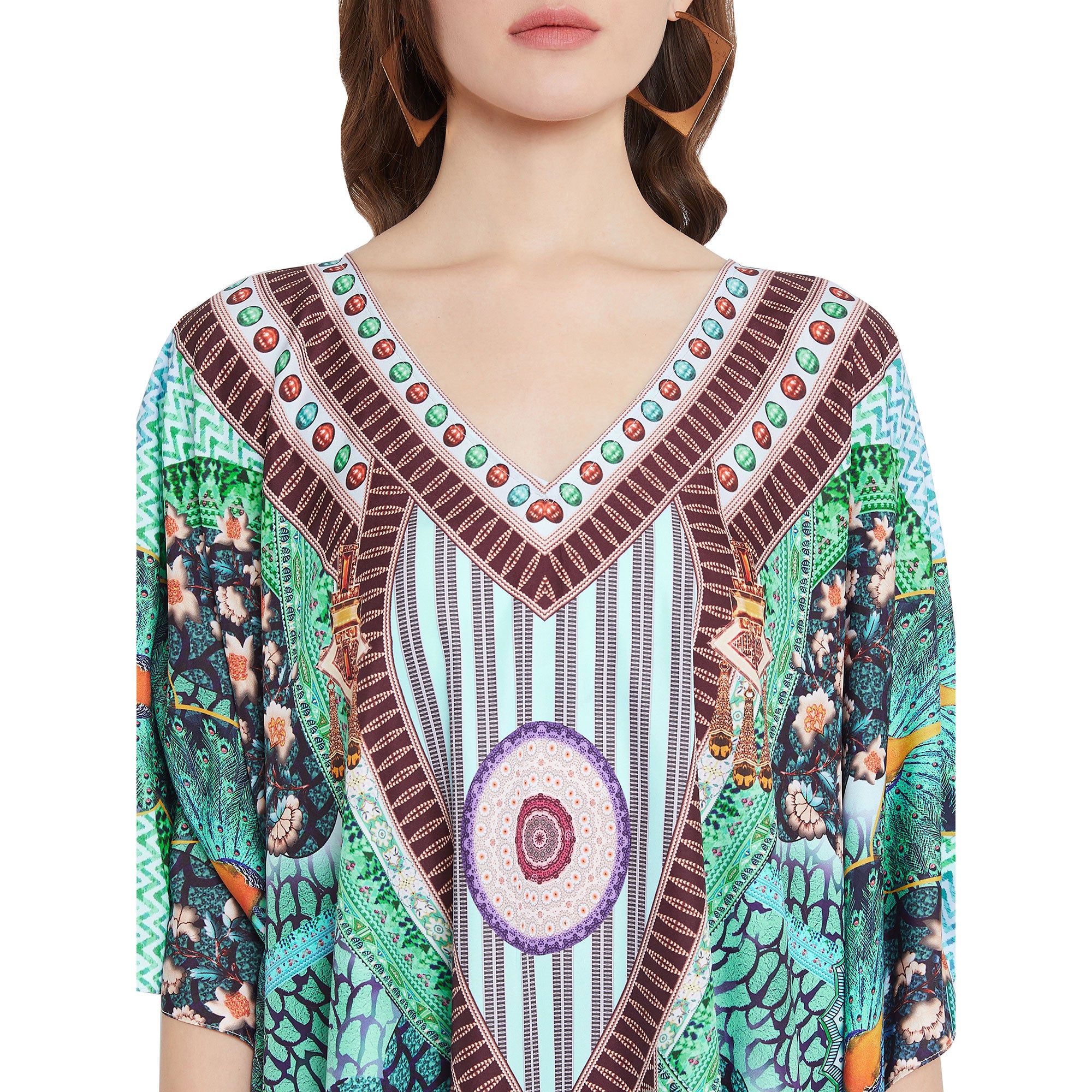 Peacock Print Polyester Kimono Sleeve Plus Size Kaftan For Women