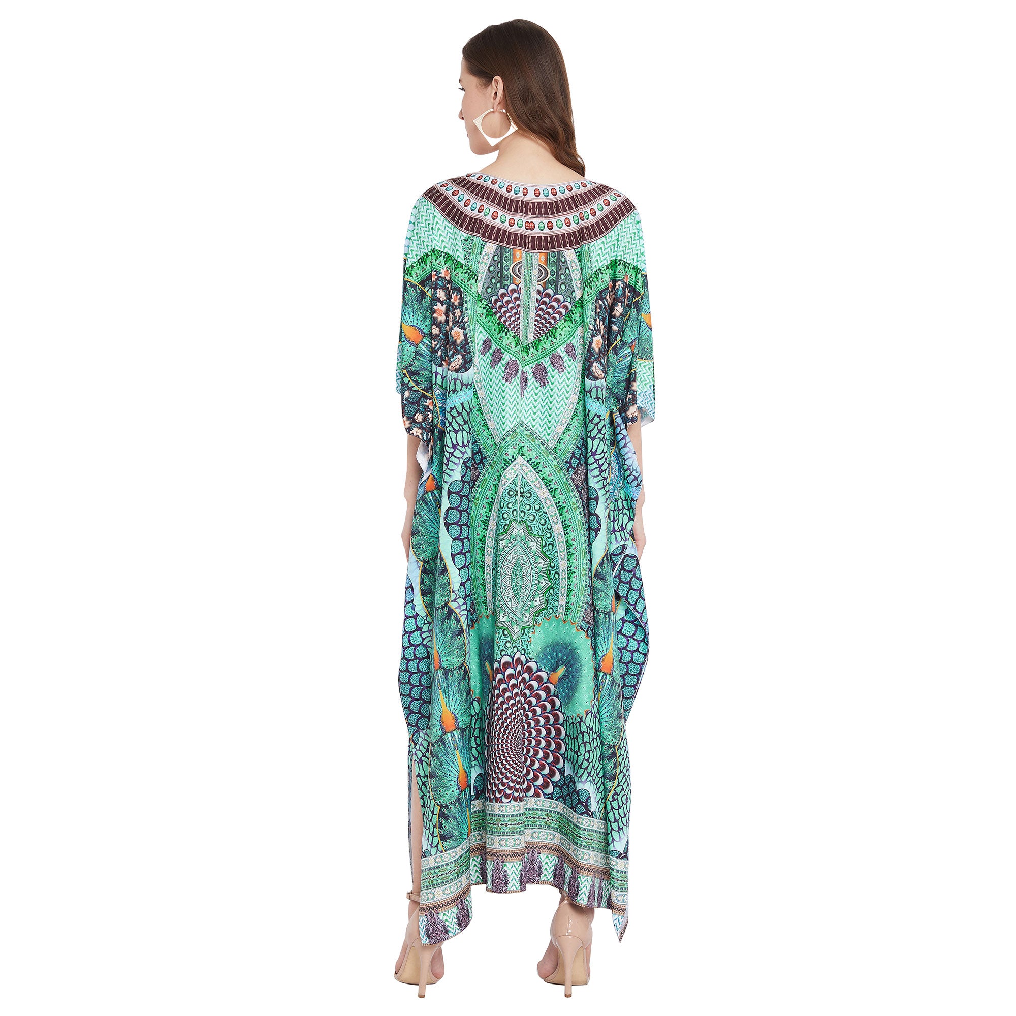 Peacock Print Polyester Kimono Sleeve Plus Size Kaftan For Women