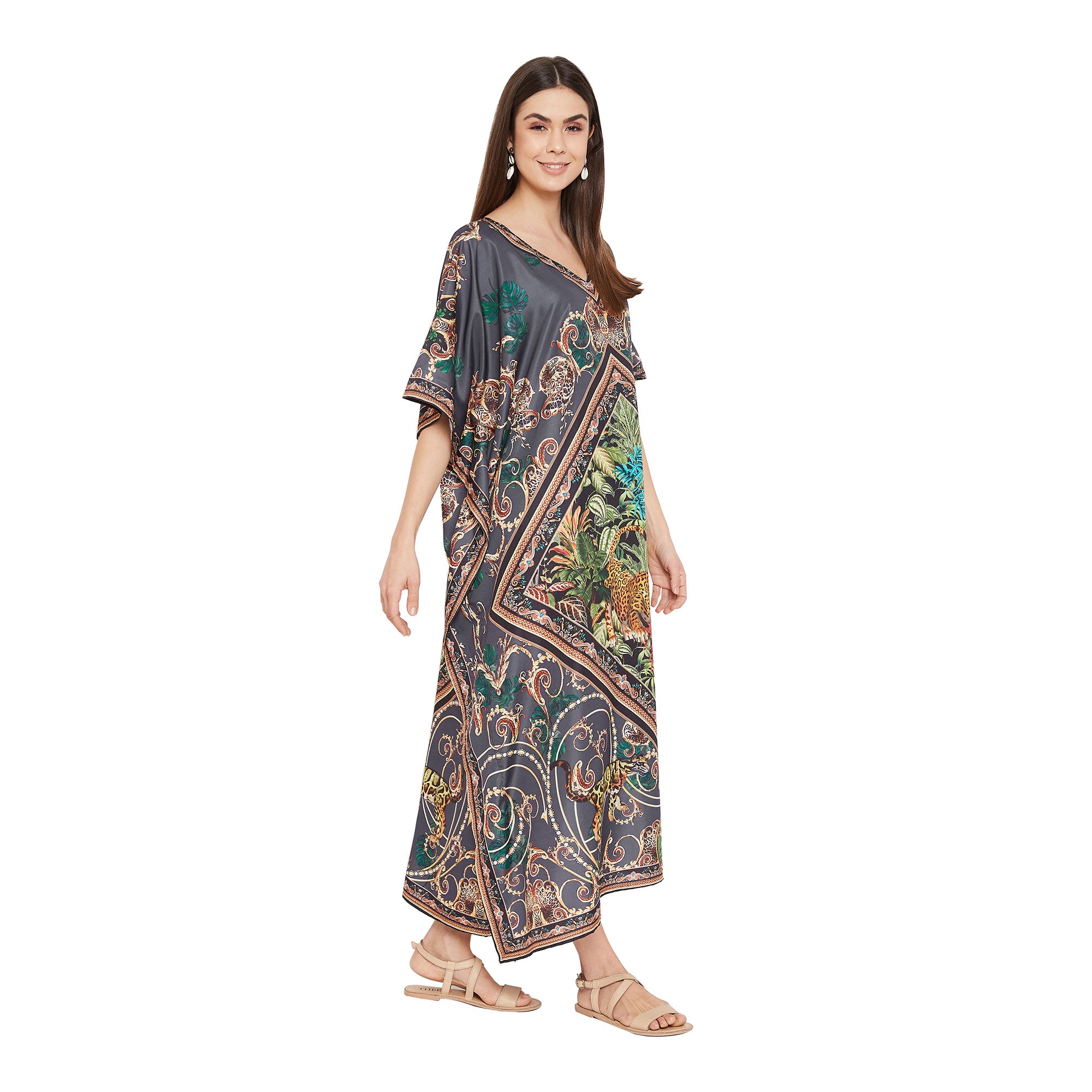 Animal Printed Gray Polyester Kaftan For Plus Size Women