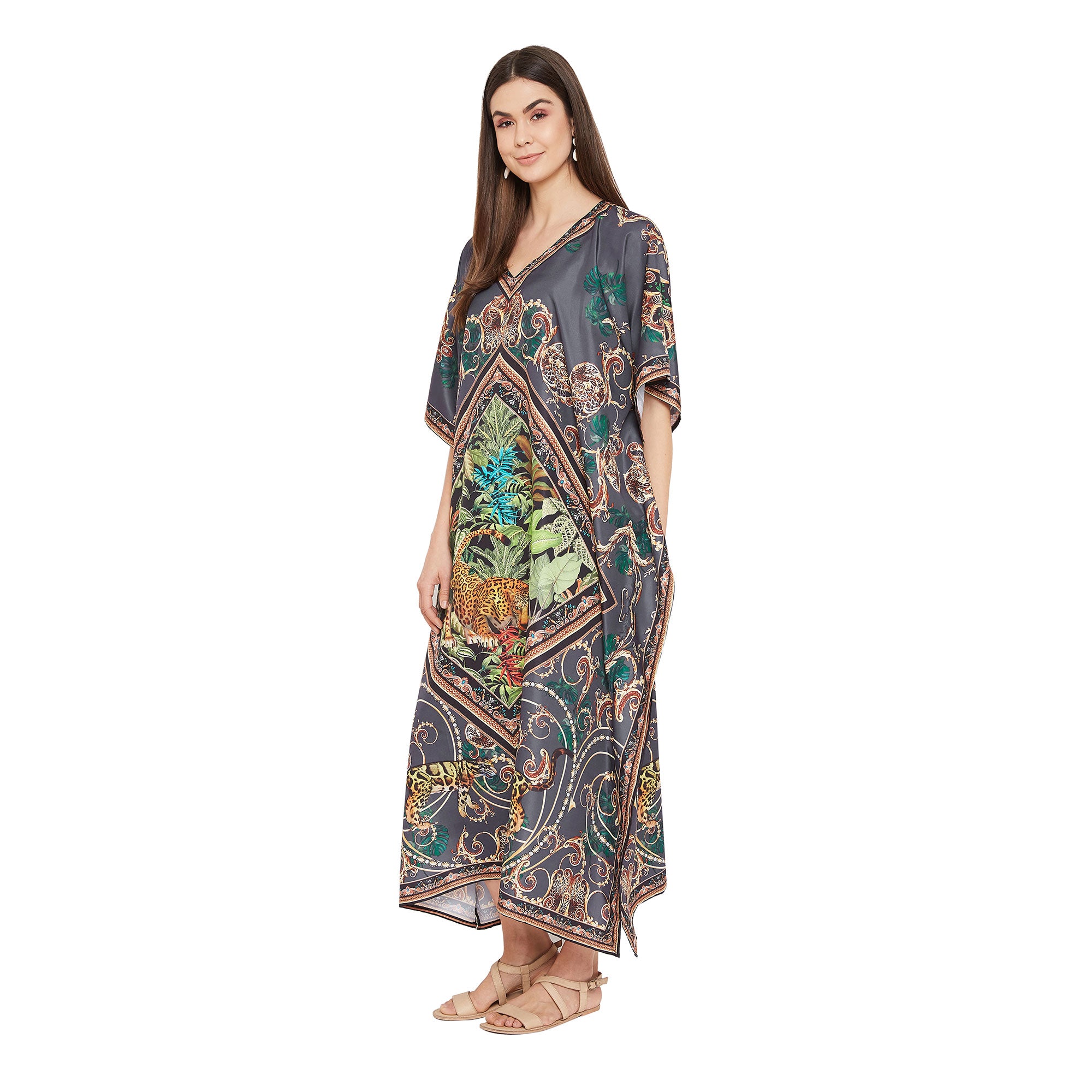 Animal Printed Gray Polyester Kaftan For Plus Size Women