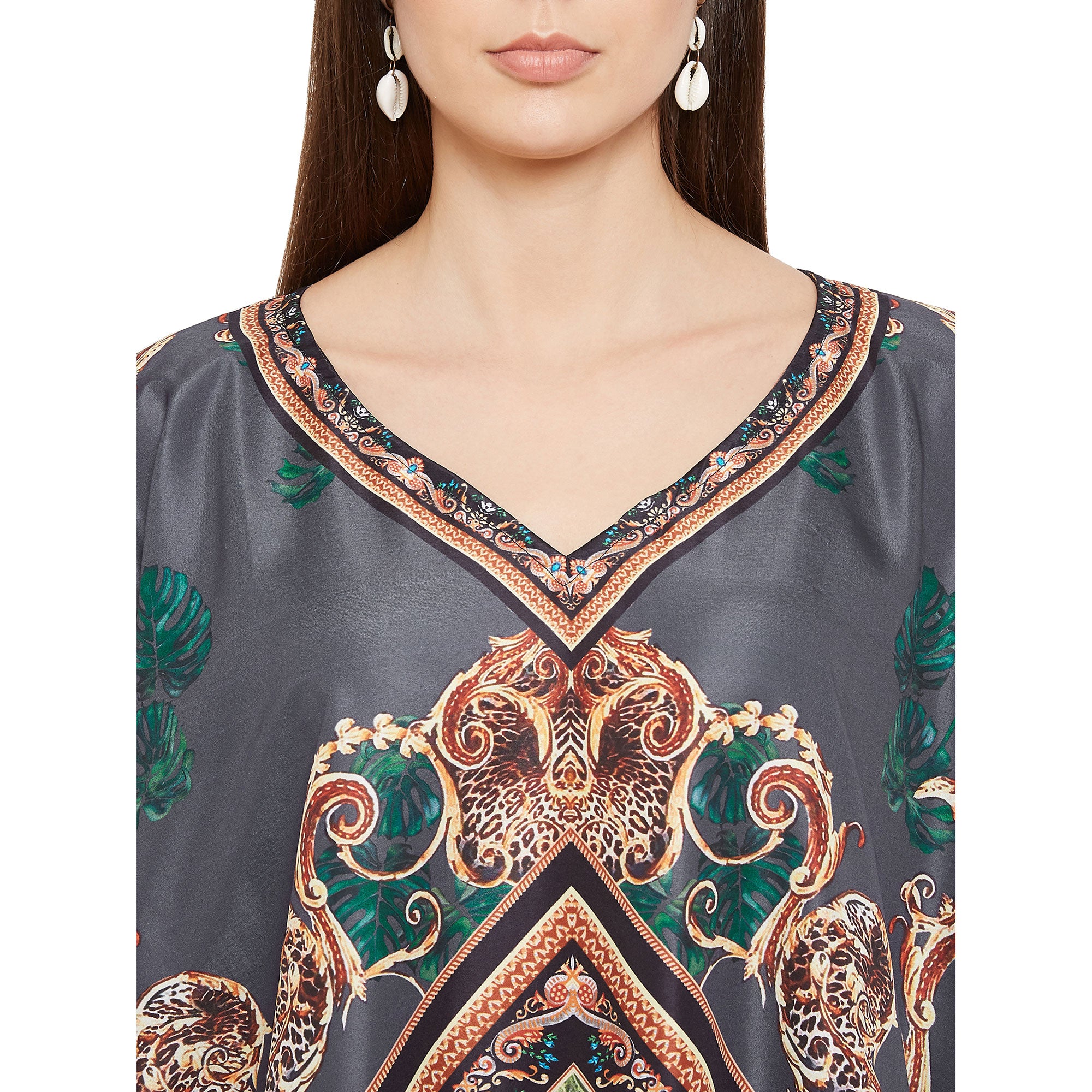 Animal Printed Gray Polyester Kaftan For Plus Size Women