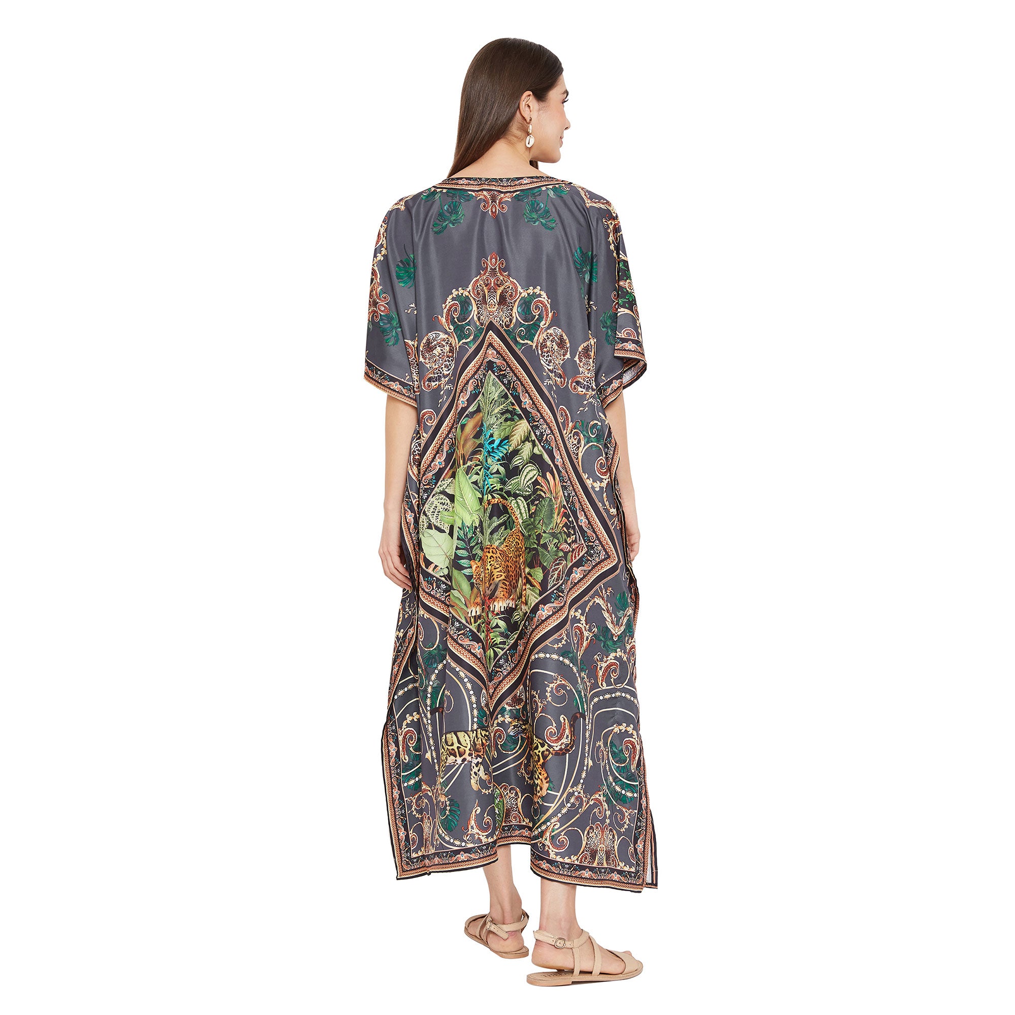 Animal Printed Gray Polyester Kaftan For Plus Size Women