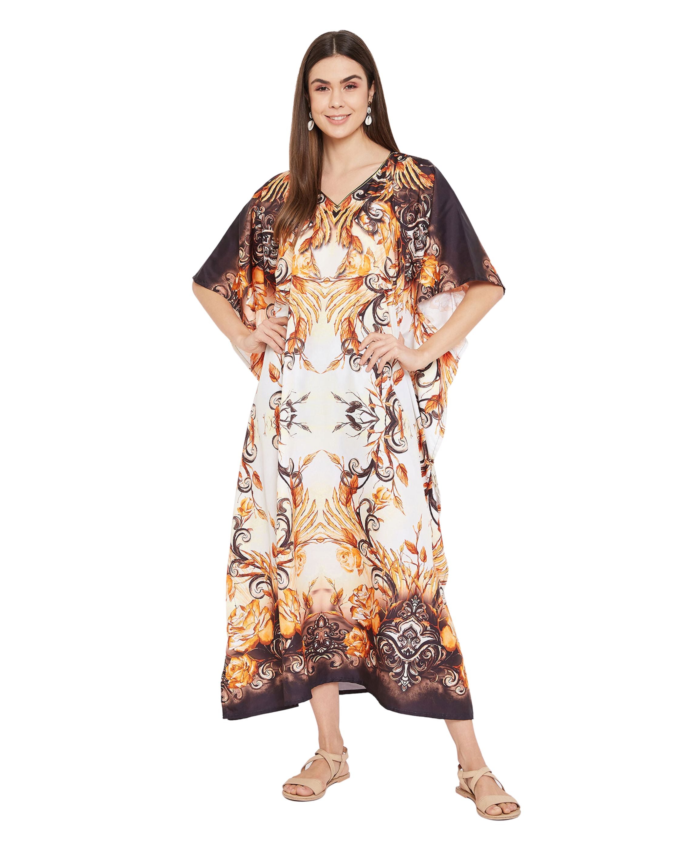 Leaf Print Brown Plus Size Polyester Digital Kaftan Dress For Women