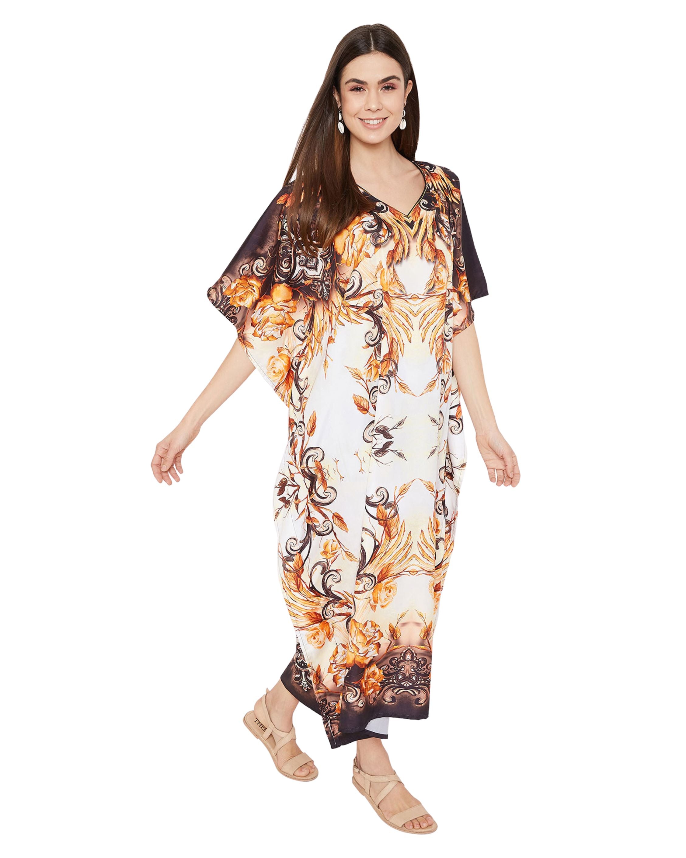 Leaf Print Brown Plus Size Polyester Digital Kaftan Dress For Women