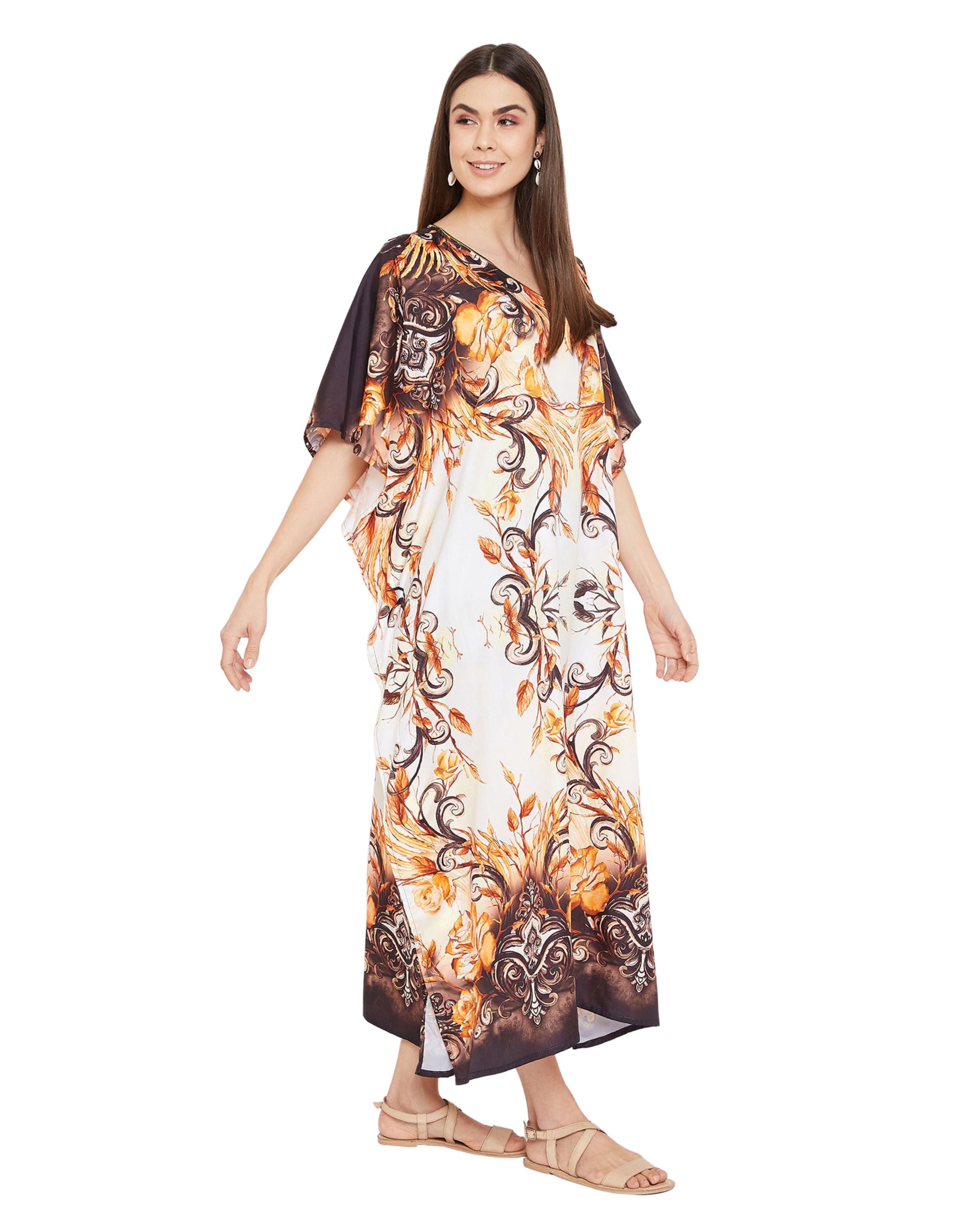Leaf Print Brown Plus Size Polyester Digital Kaftan Dress For Women