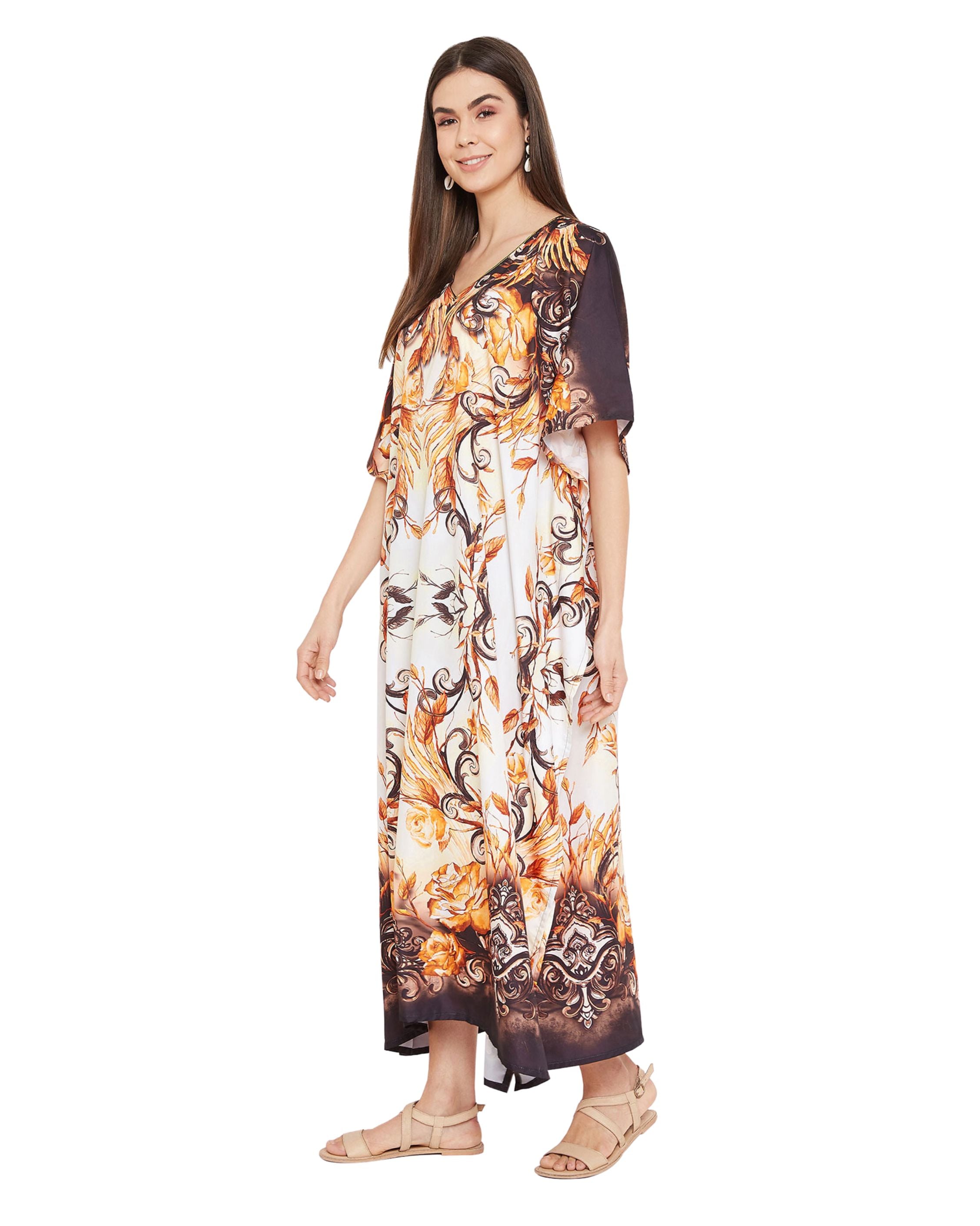 Leaf Print Brown Plus Size Polyester Digital Kaftan Dress For Women