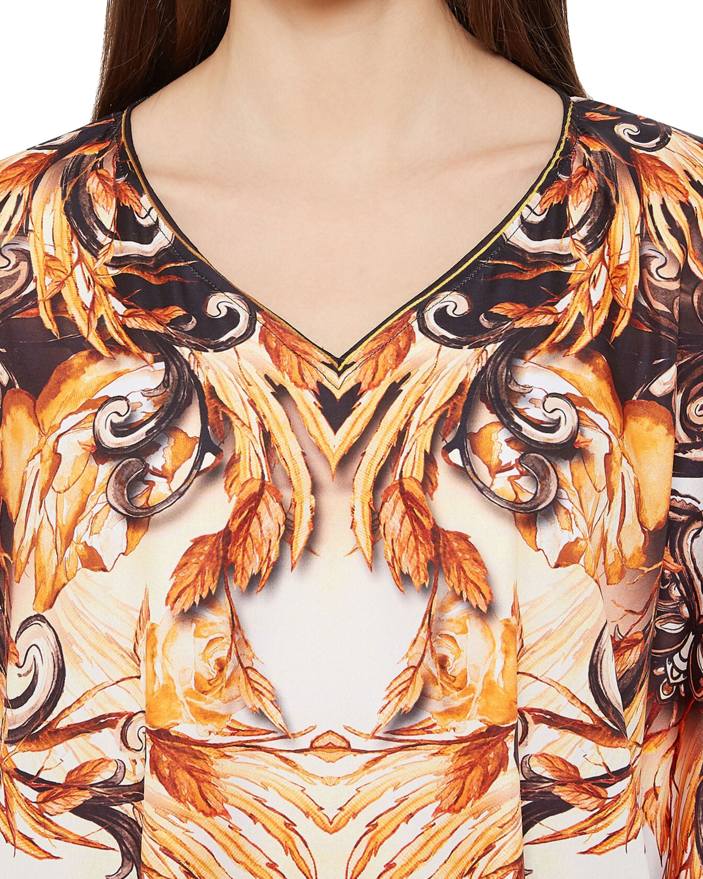 Leaf Print Brown Plus Size Polyester Digital Kaftan Dress For Women