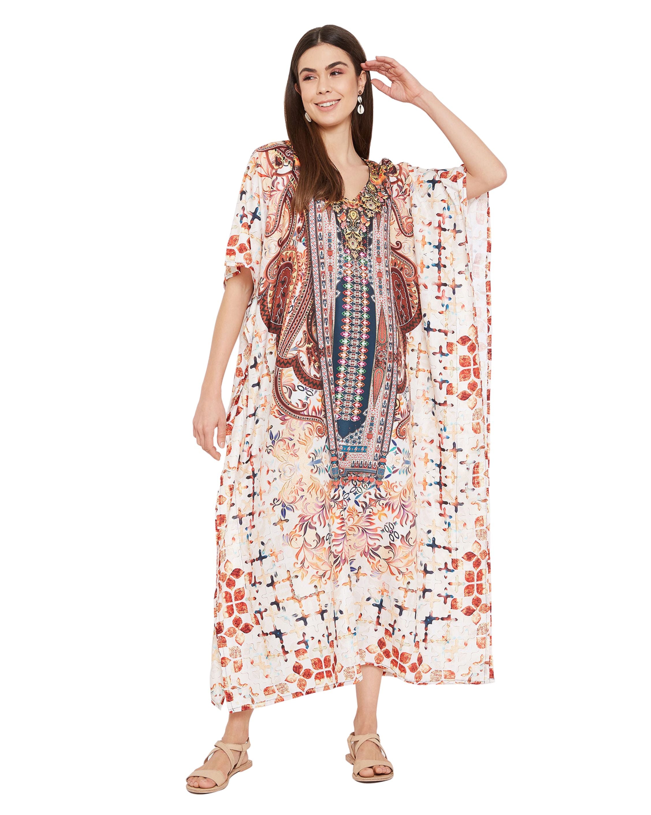 Paisley Printed Multicolor Plus Size Polyester Kaftan For Women