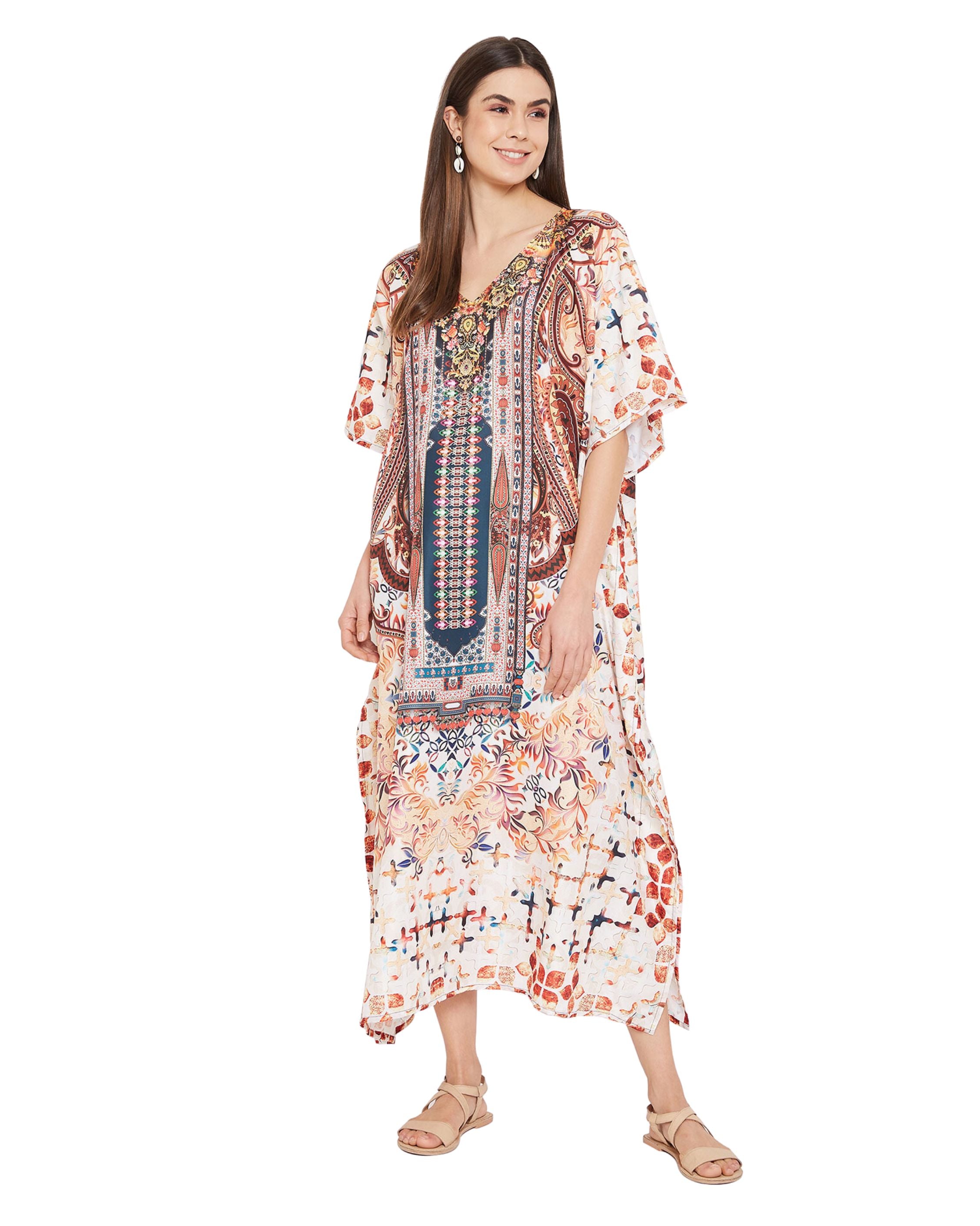 Paisley Printed Multicolor Plus Size Polyester Kaftan For Women