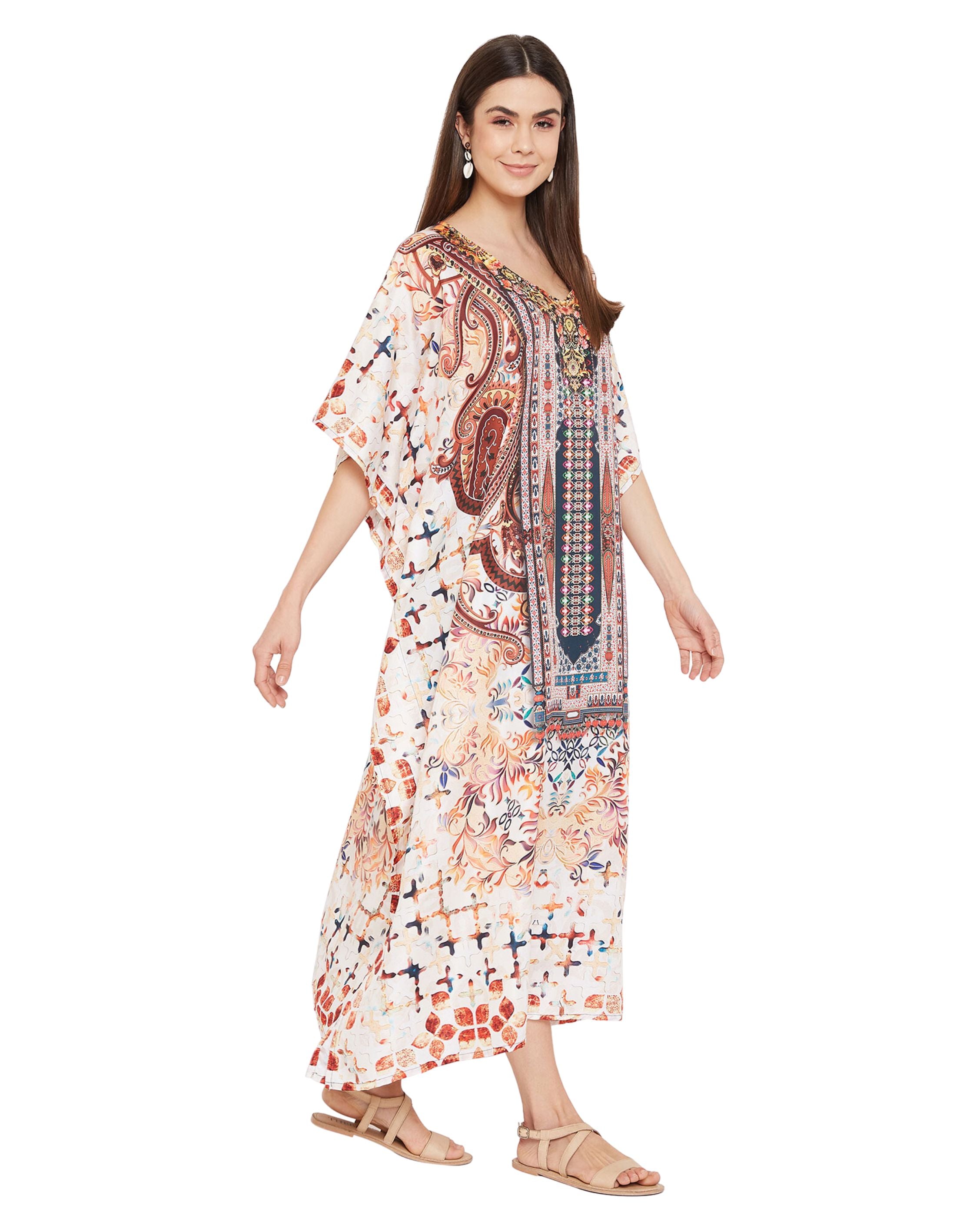 Paisley Printed Multicolor Plus Size Polyester Kaftan For Women