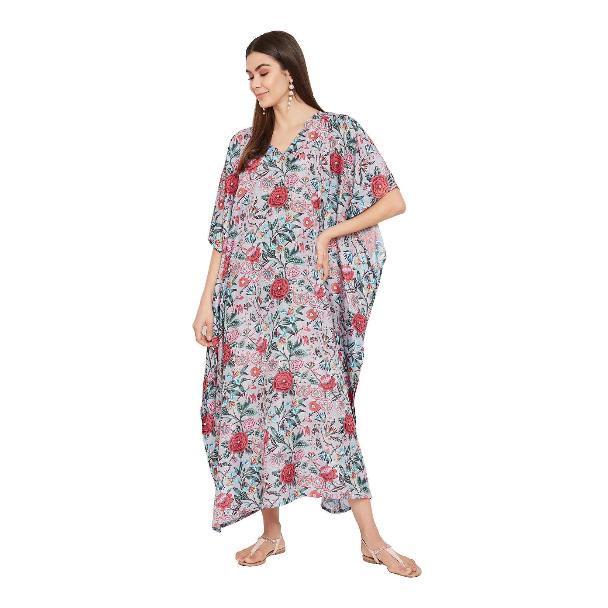 Floral Pattern Polyester Plus Size Kaftan Dress For Women