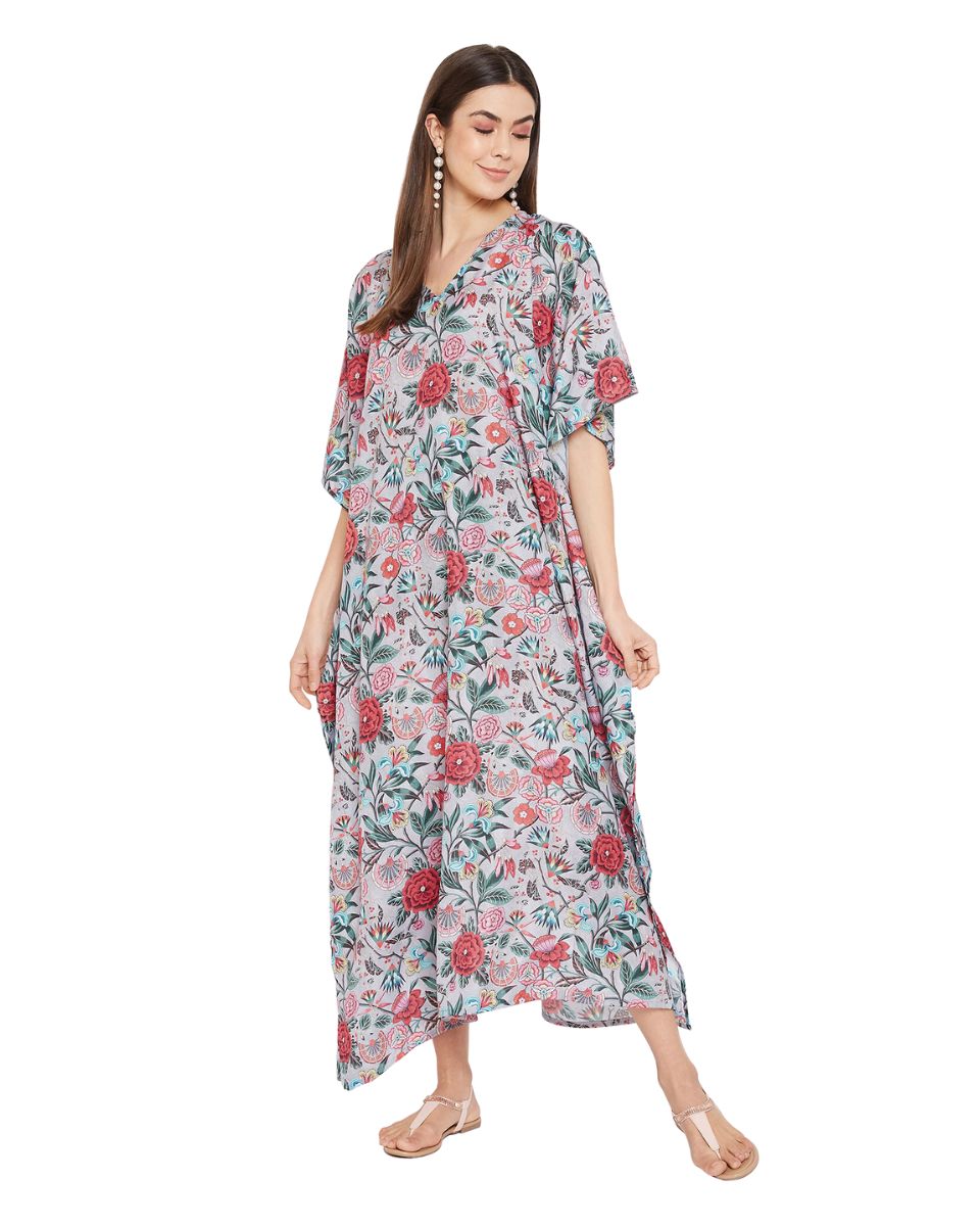 Floral Pattern Polyester Plus Size Kaftan Dress For Women
