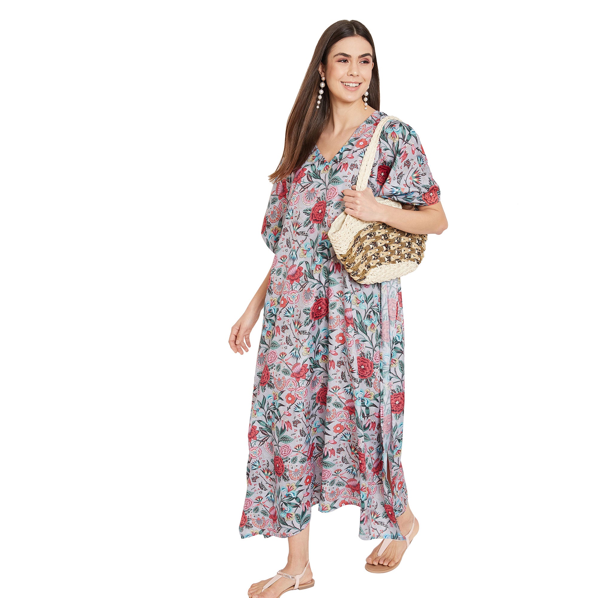 Floral Pattern Polyester Plus Size Kaftan Dress For Women