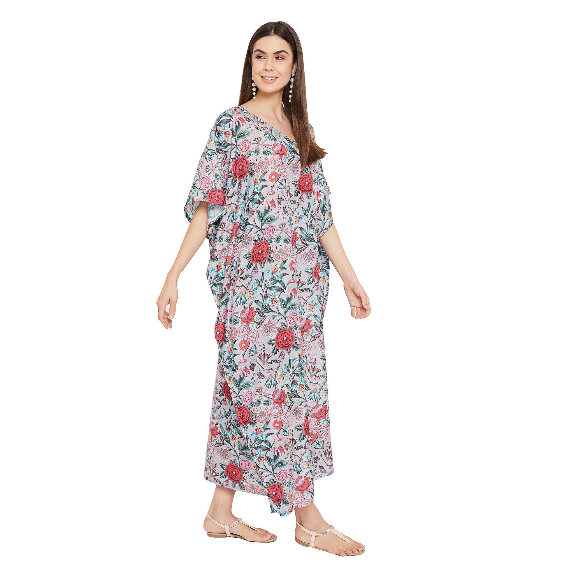 Floral Pattern Polyester Plus Size Kaftan Dress For Women