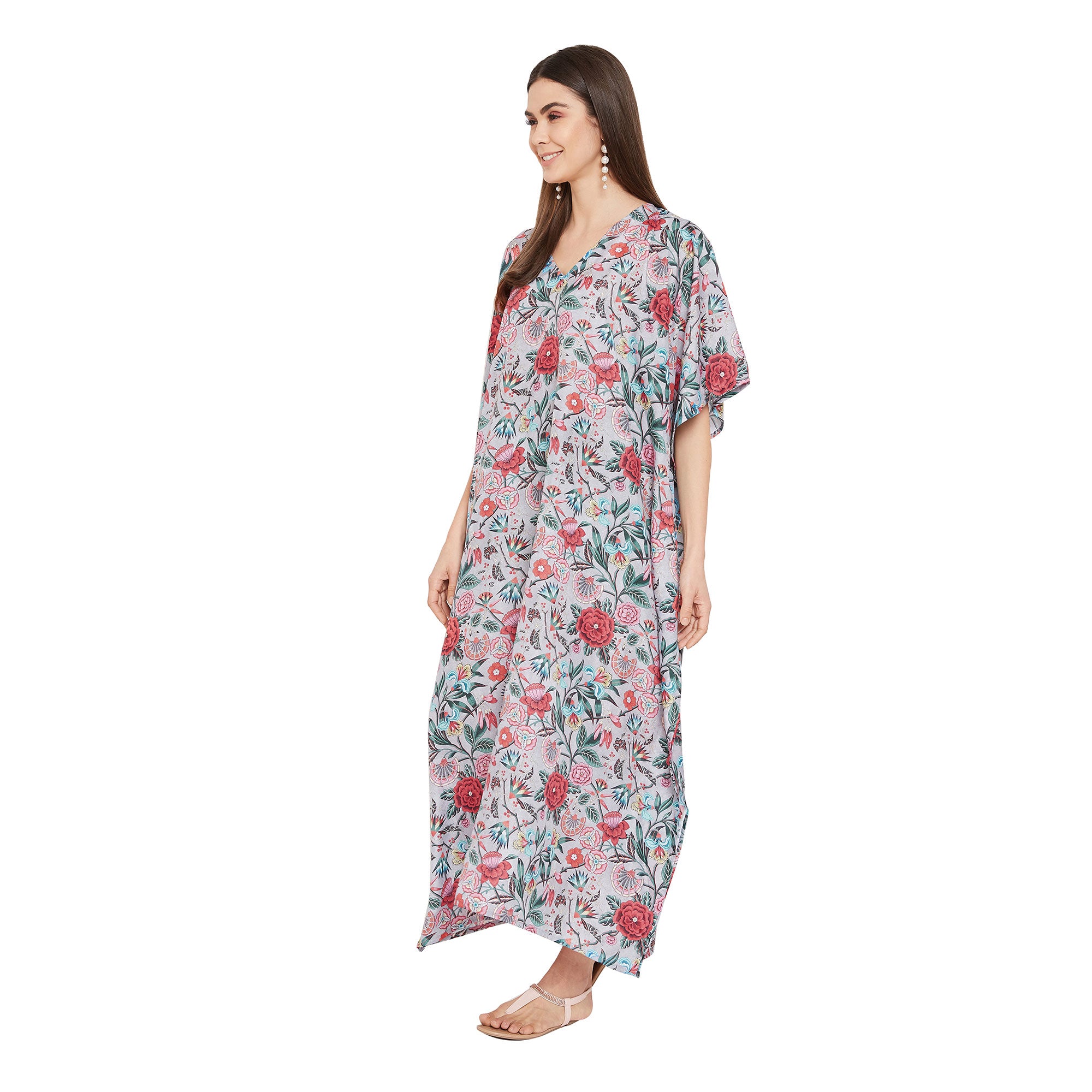 Floral Pattern Polyester Plus Size Kaftan Dress For Women