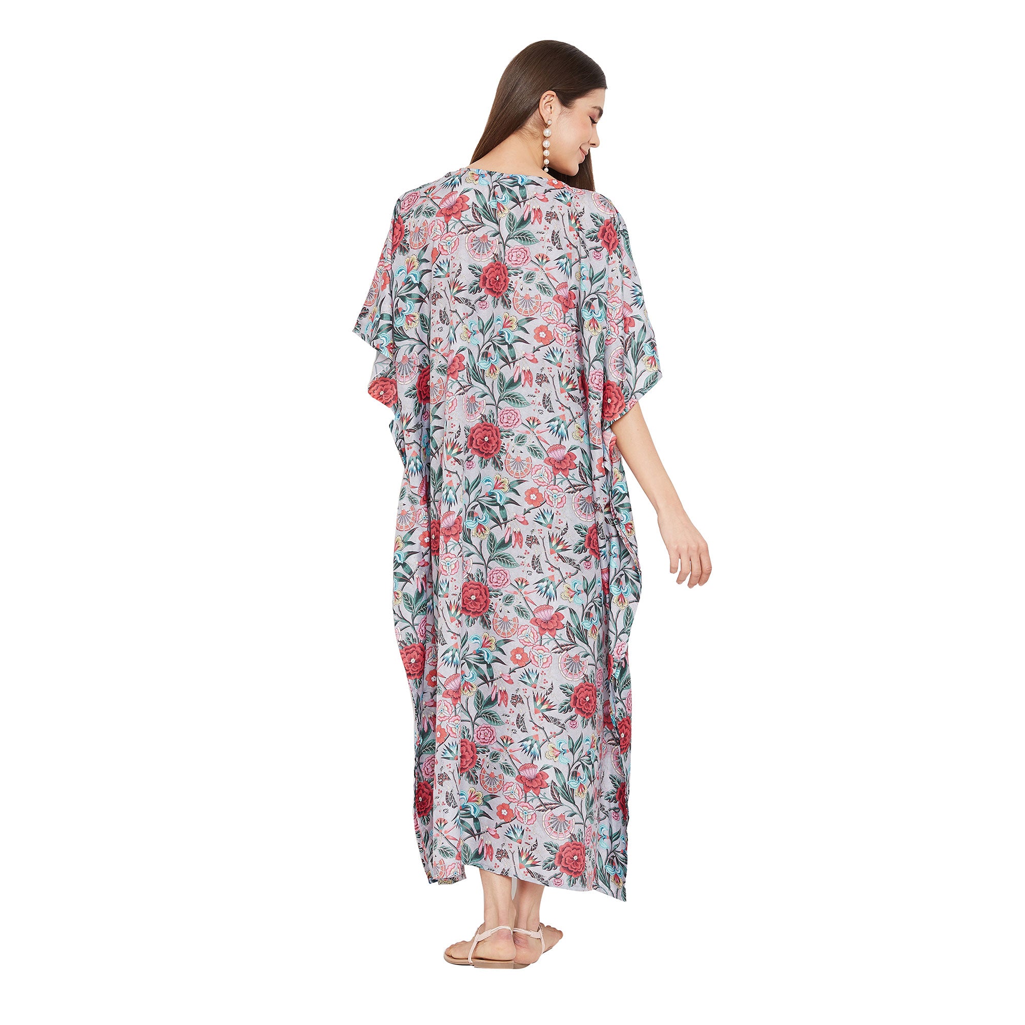 Floral Pattern Polyester Plus Size Kaftan Dress For Women