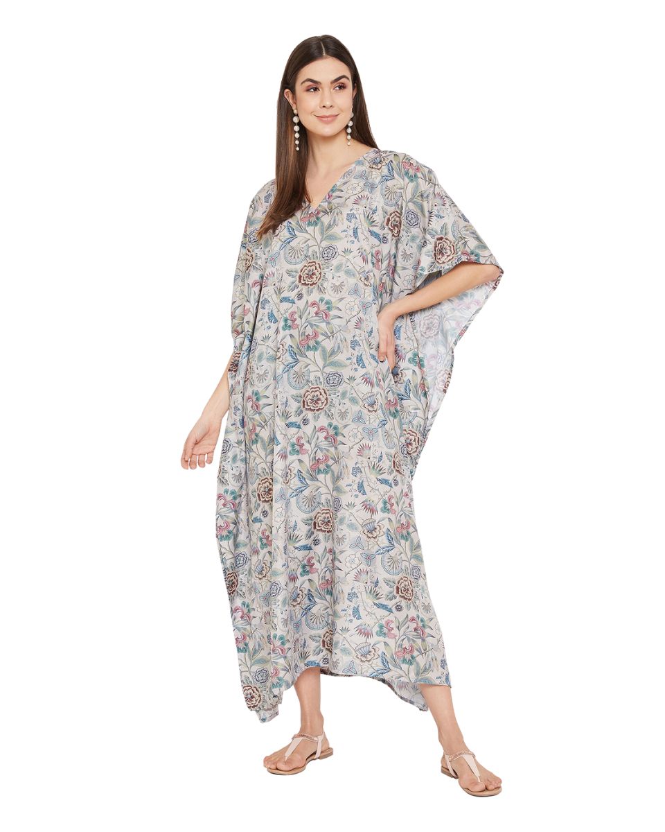 Floral Print Polyester Plus Size Kimono Sleeves Kaftan