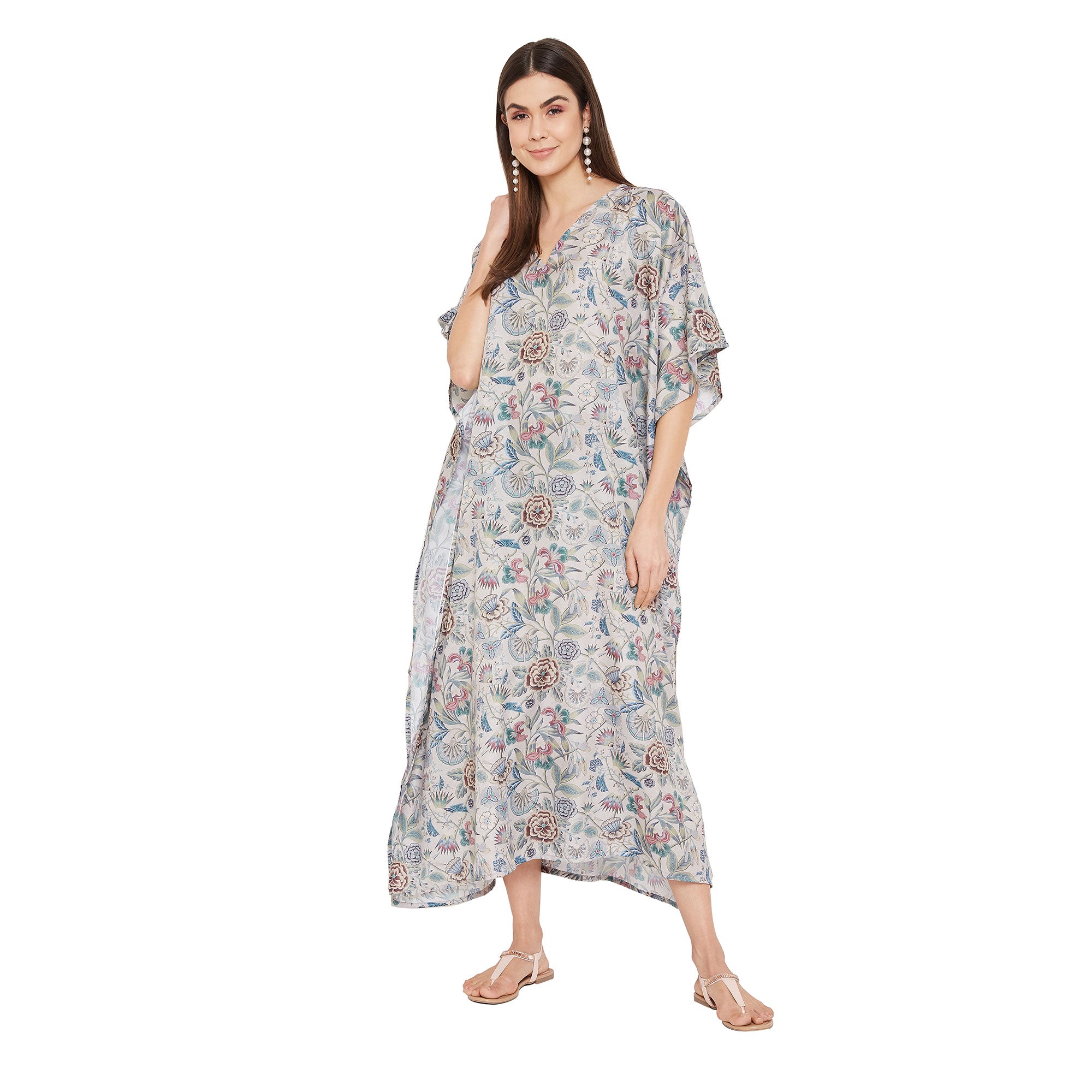 Floral Print Polyester Plus Size Kimono Sleeves Kaftan