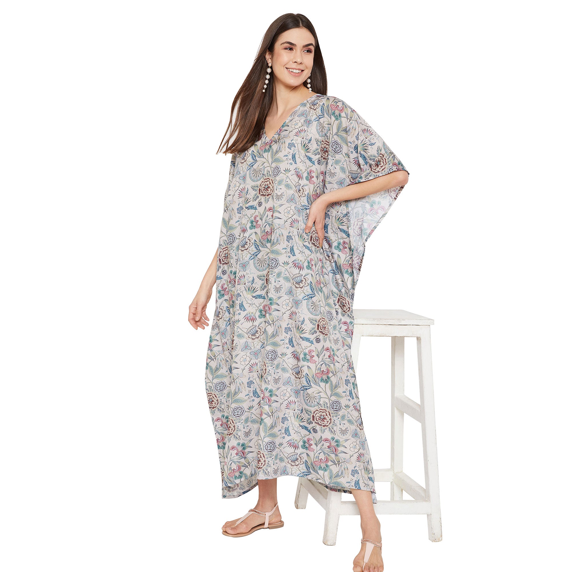 Floral Print Polyester Plus Size Kimono Sleeves Kaftan