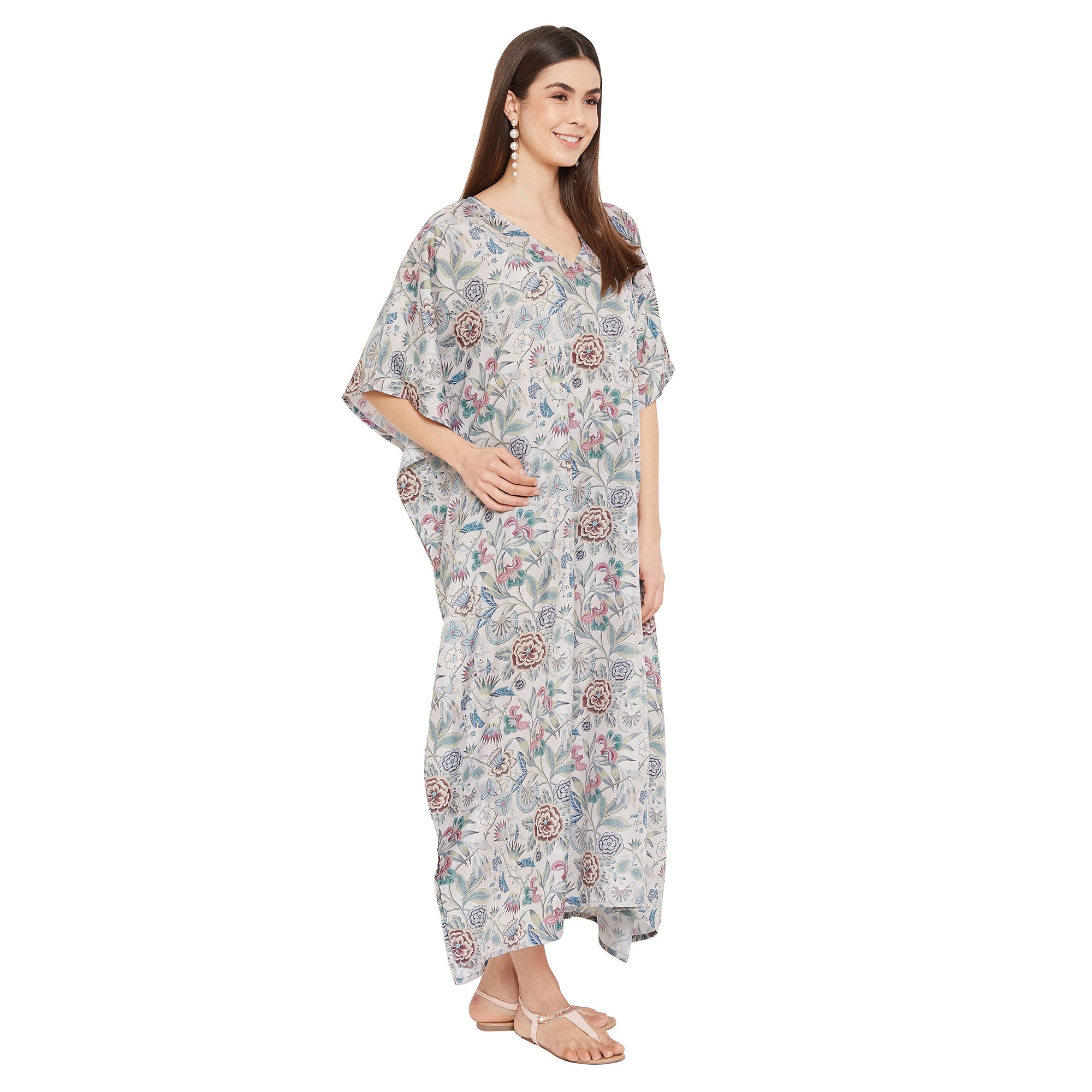 Floral Print Polyester Plus Size Kimono Sleeves Kaftan