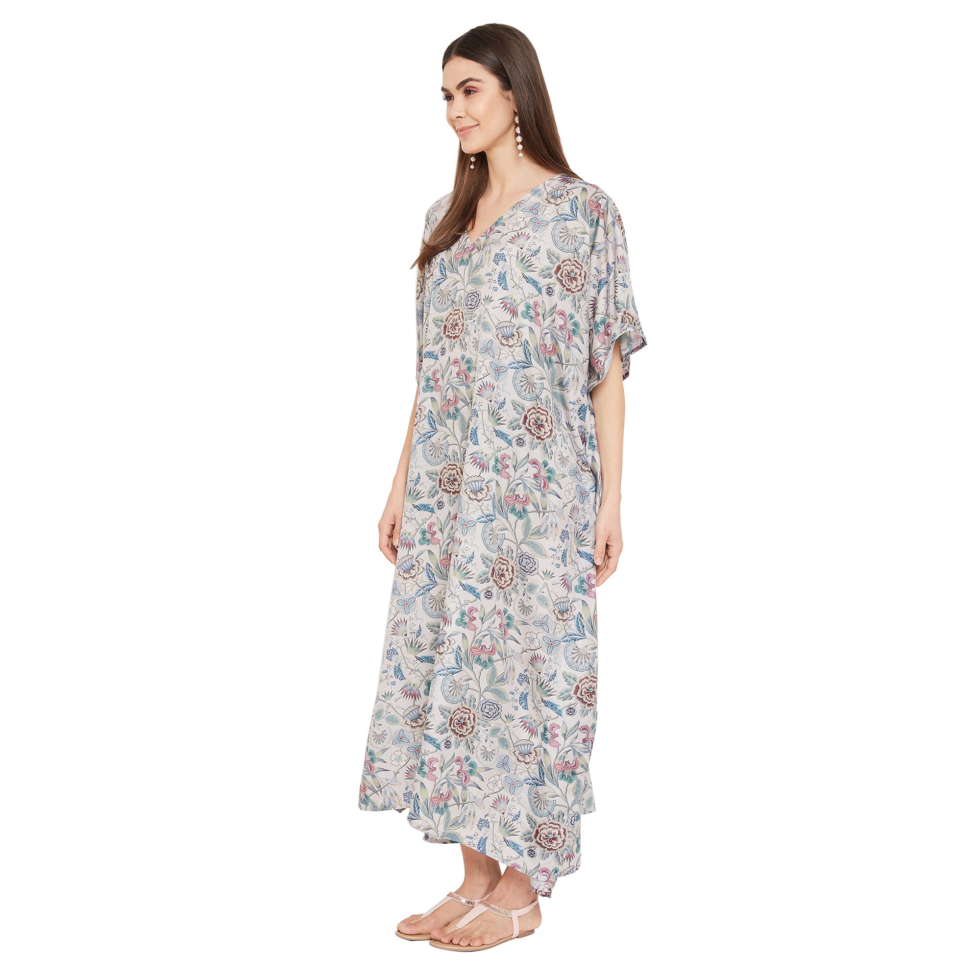 Floral Print Polyester Plus Size Kimono Sleeves Kaftan