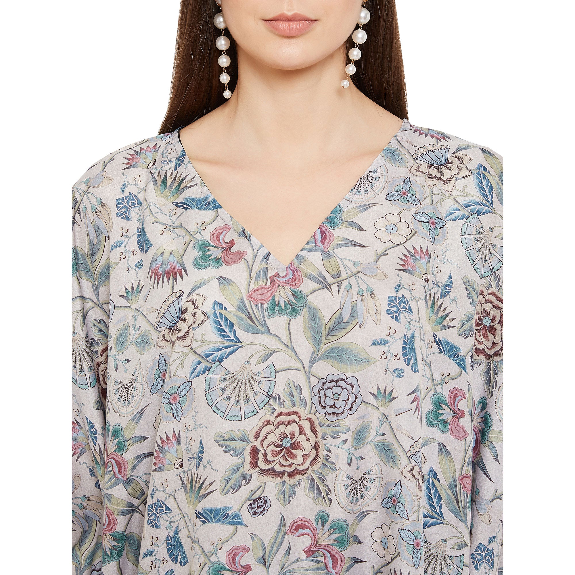 Floral Print Polyester Plus Size Kimono Sleeves Kaftan