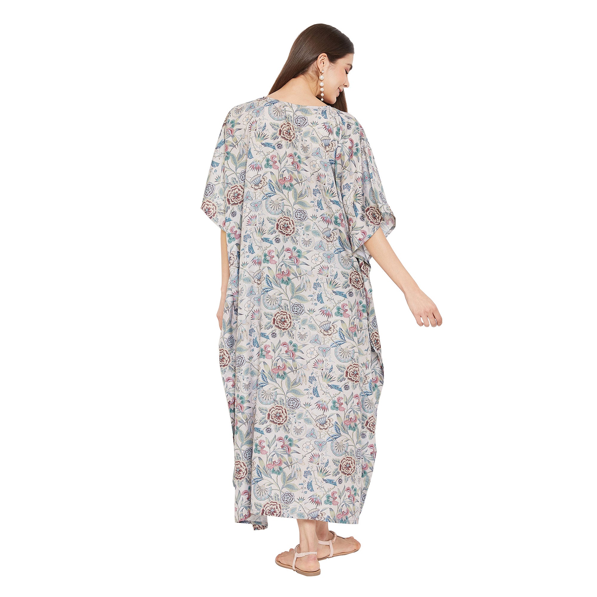 Floral Print Polyester Plus Size Kimono Sleeves Kaftan