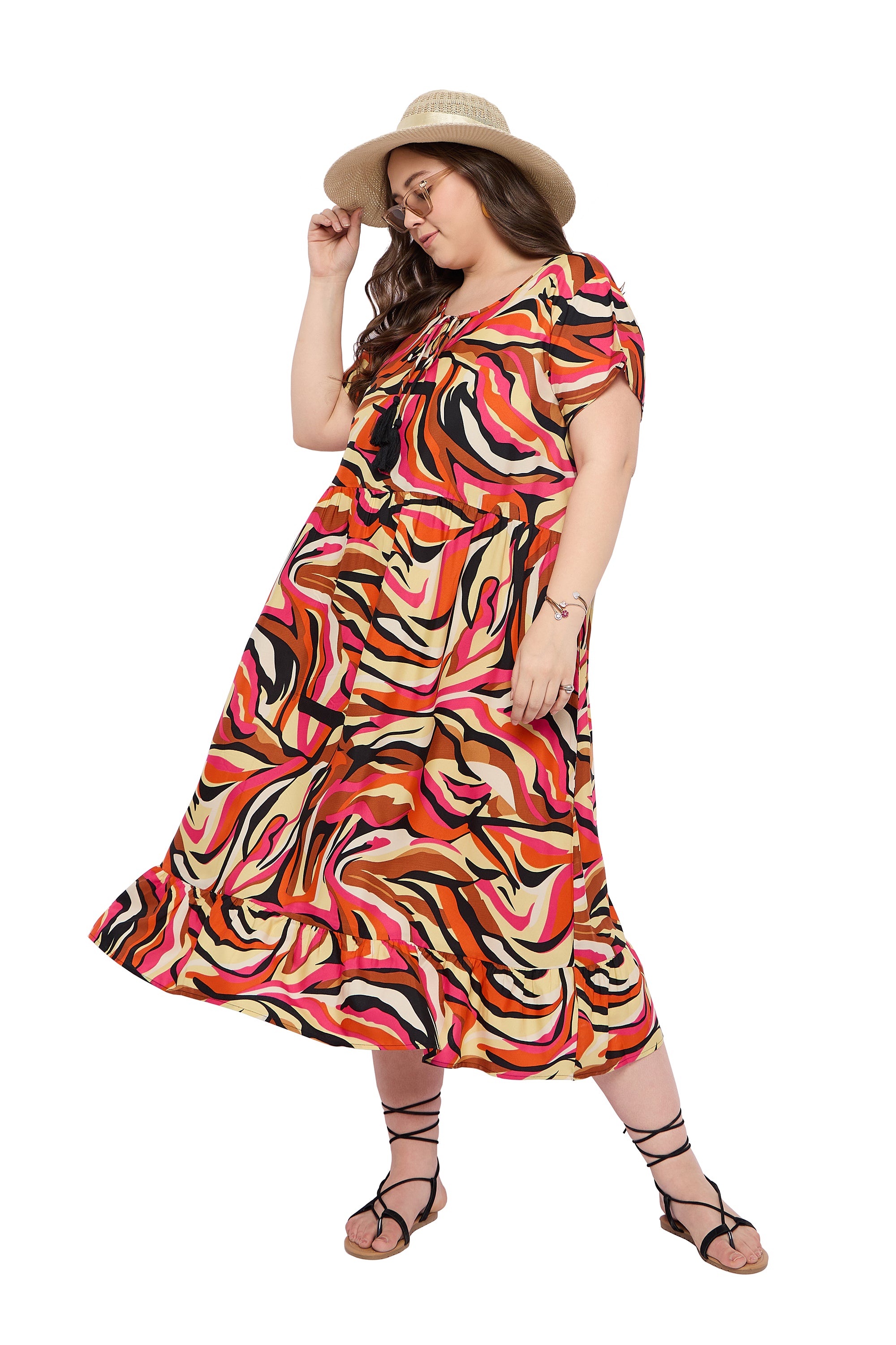 Multicolor Polyester Women Plus Size Cocktail Party Midi Dress