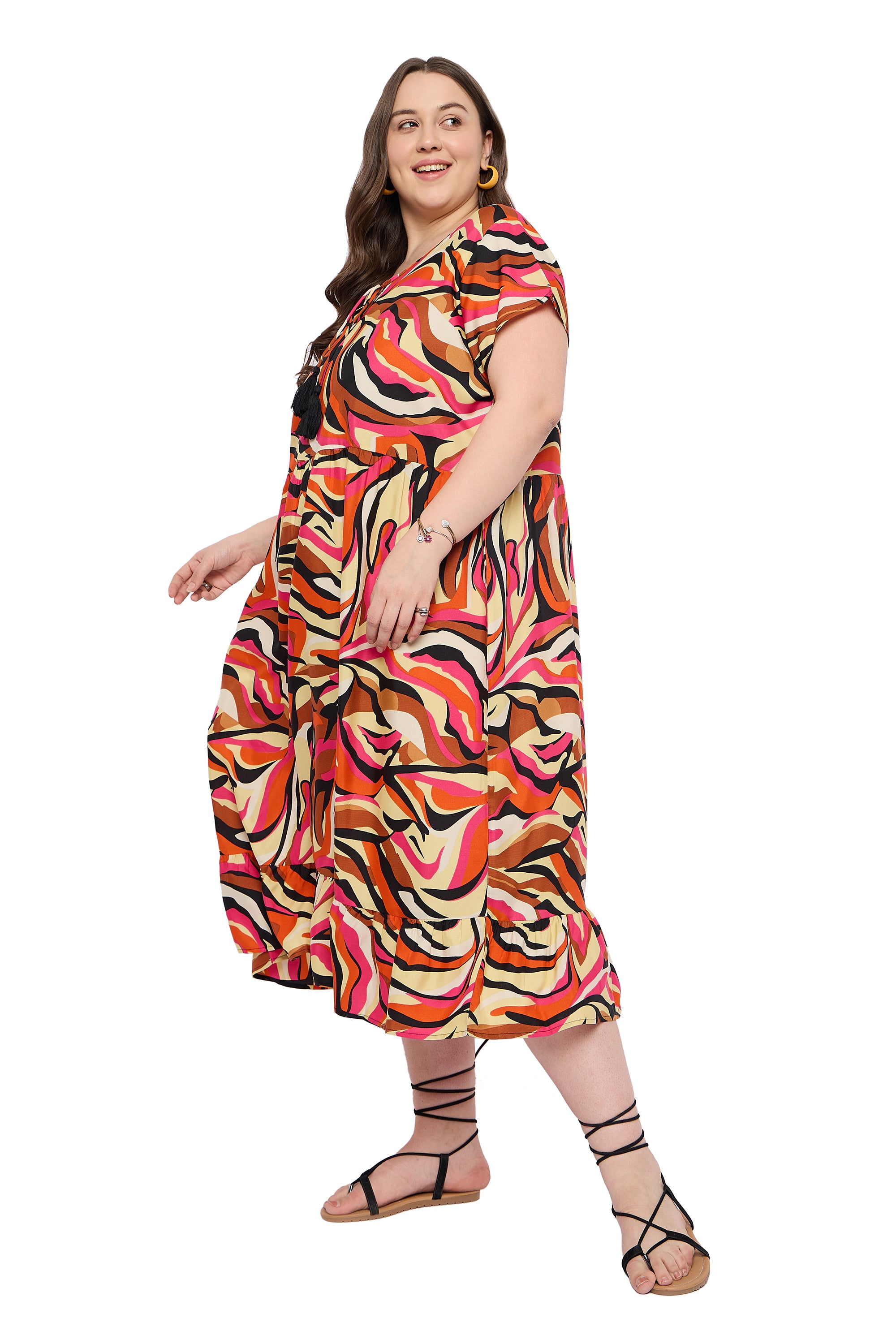 Multicolor Polyester Women Plus Size Cocktail Party Midi Dress