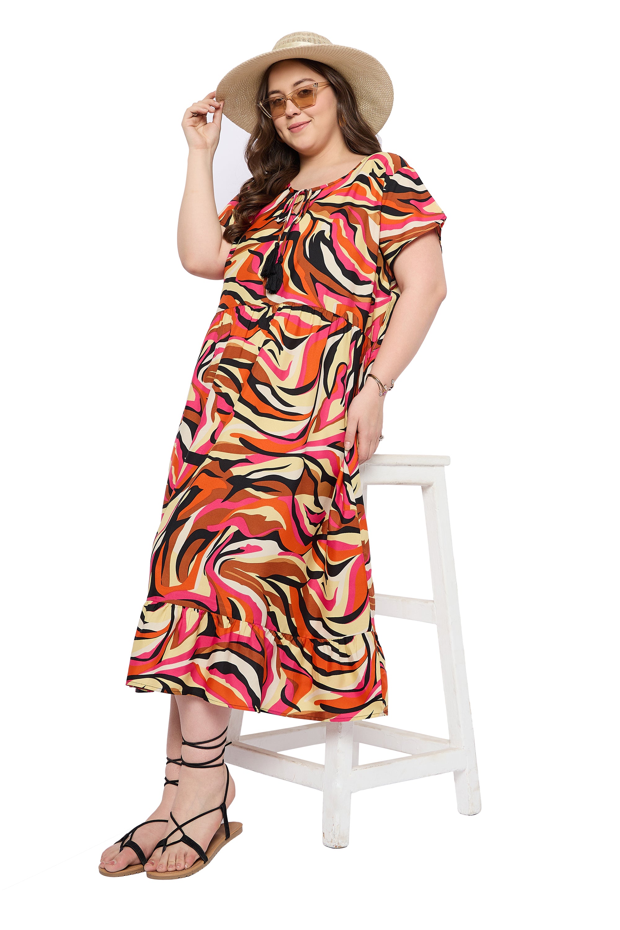 Multicolor Polyester Women Plus Size Cocktail Party Midi Dress