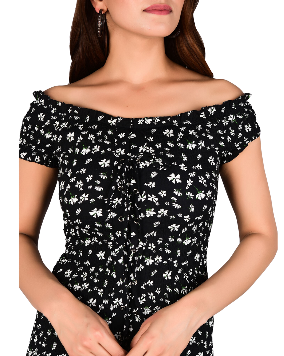 Black Floral Polyester Drawstring Short Dress For Women