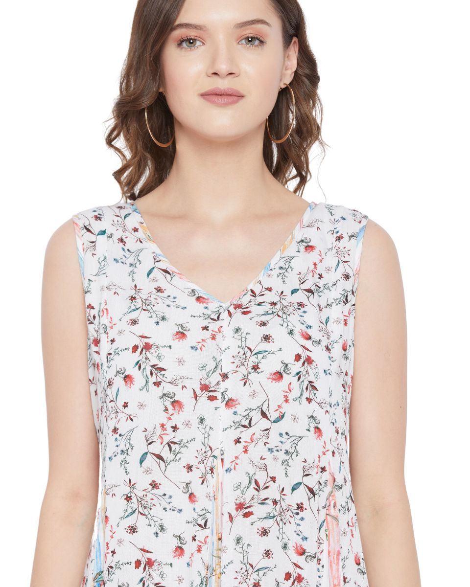 V-Neck White Floral Sleeveless Mini Dress For Women