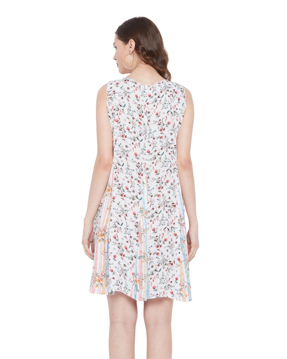 V-Neck White Floral Sleeveless Mini Dress For Women
