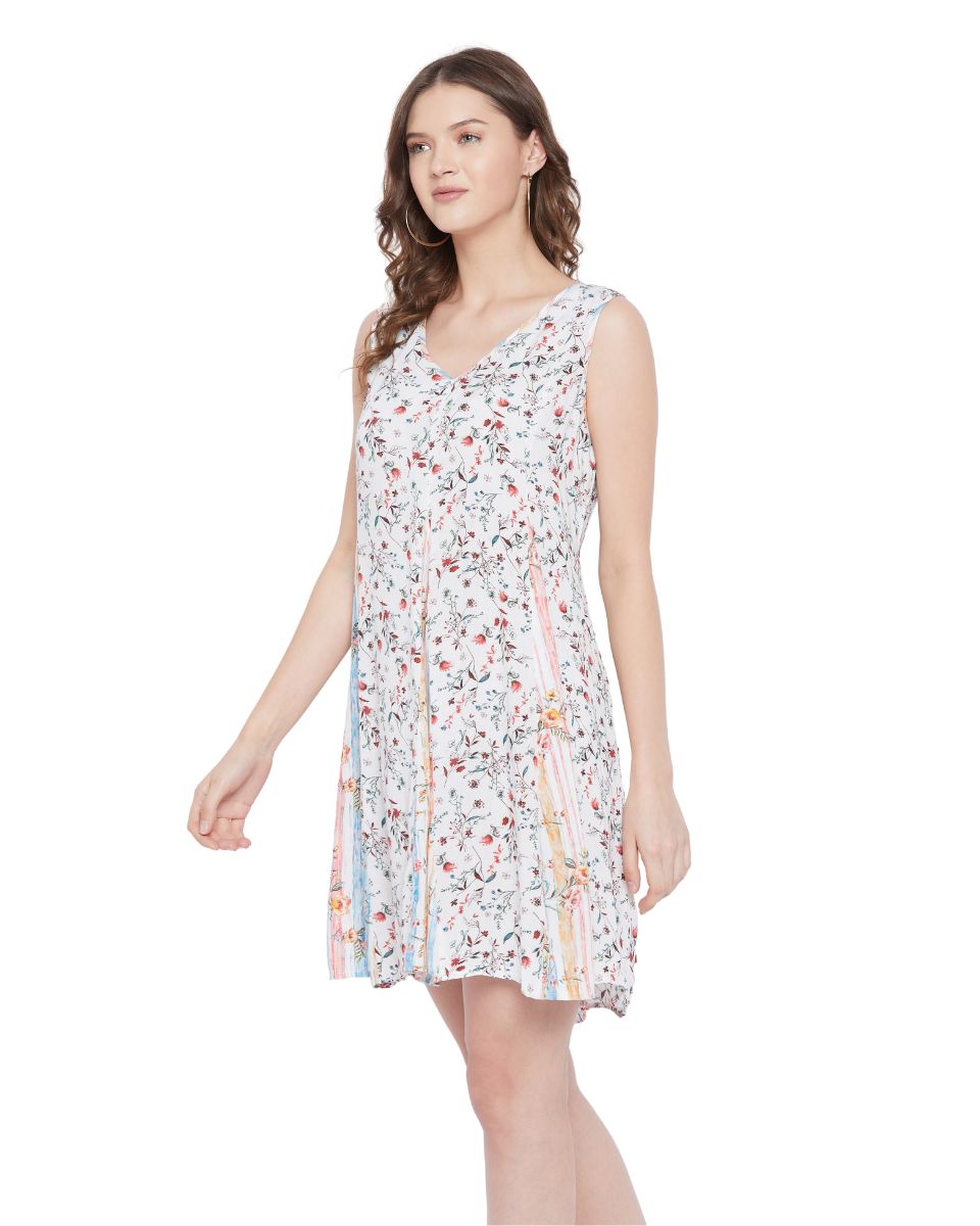 V-Neck White Floral Sleeveless Mini Dress For Women