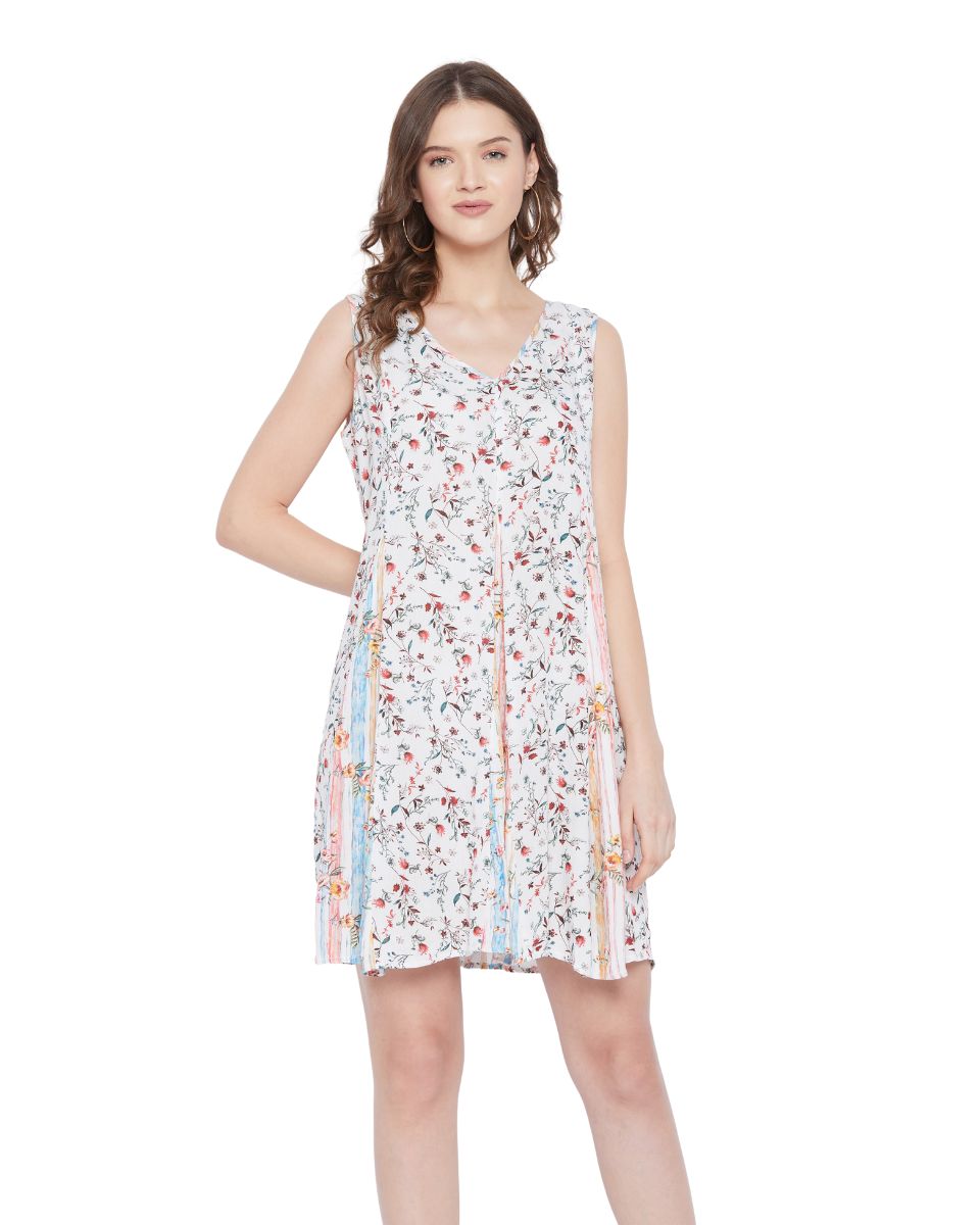 V-Neck White Floral Sleeveless Mini Dress For Women
