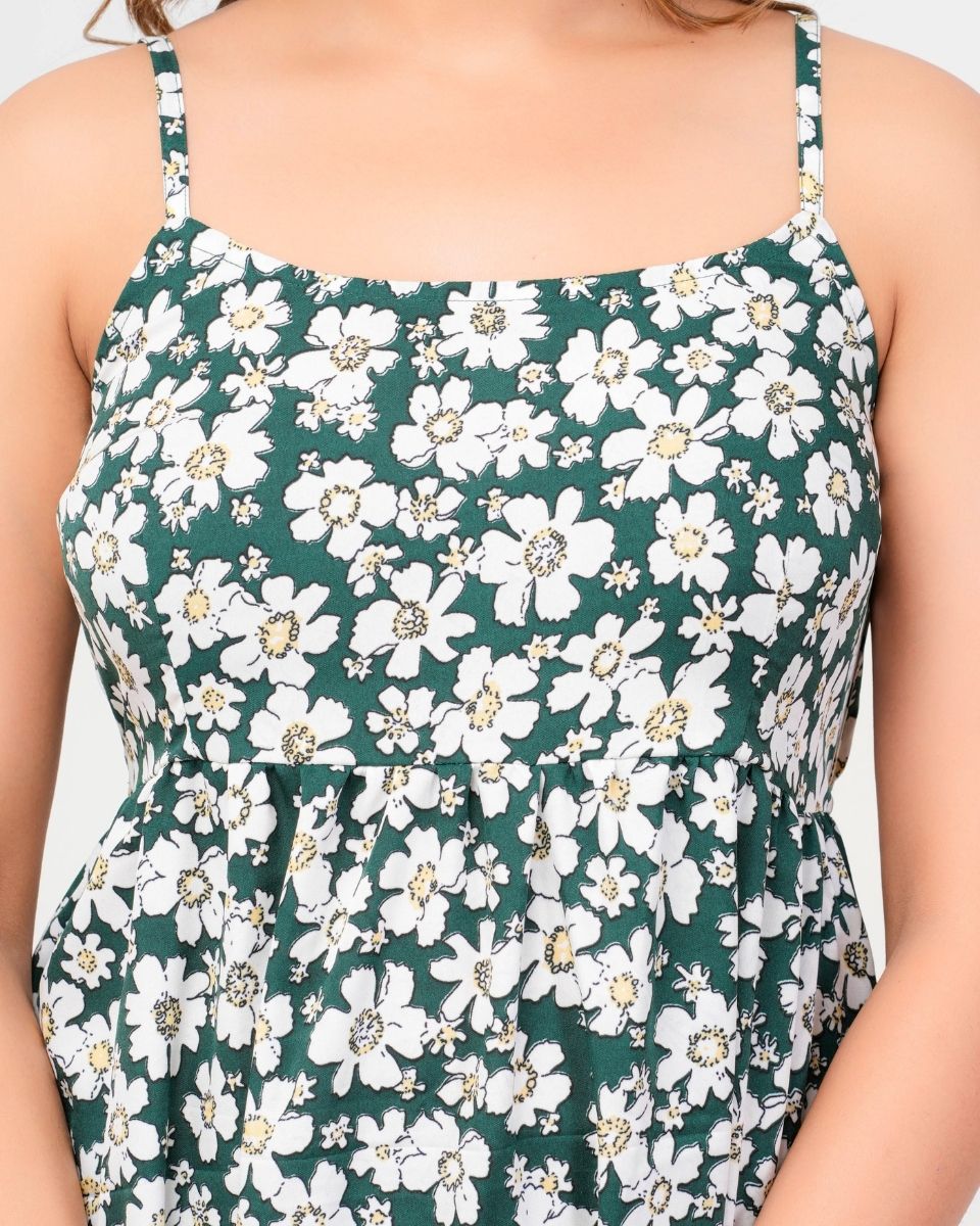 Pine Green Floral Printed Poly Crepe Maxi Dress For Women