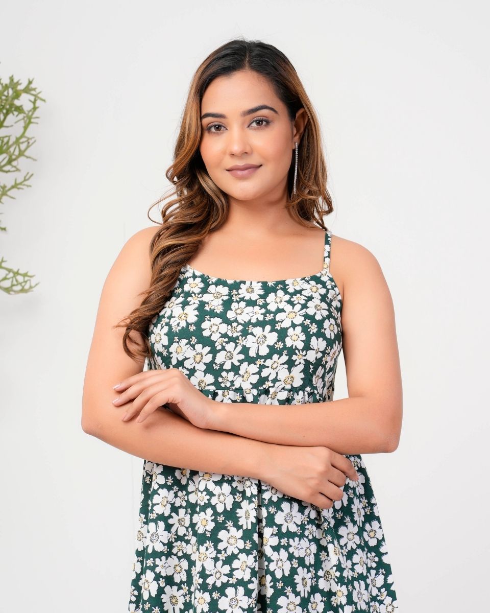 Pine Green Floral Printed Poly Crepe Maxi Dress For Women