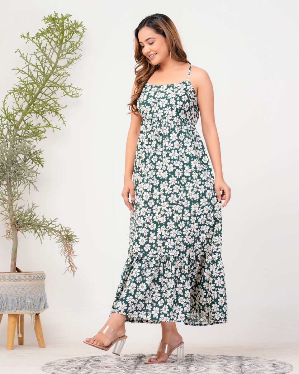 Pine Green Floral Printed Poly Crepe Maxi Dress For Women