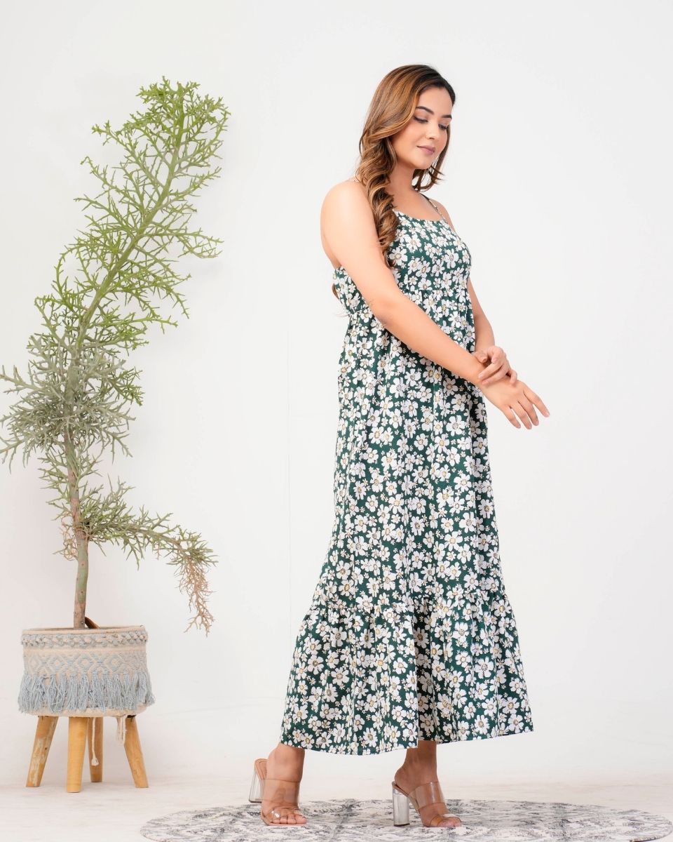 Pine Green Floral Printed Poly Crepe Maxi Dress For Women