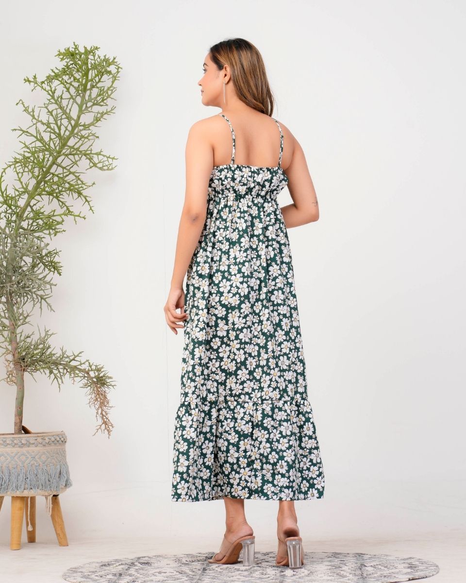 Pine Green Floral Printed Poly Crepe Maxi Dress For Women