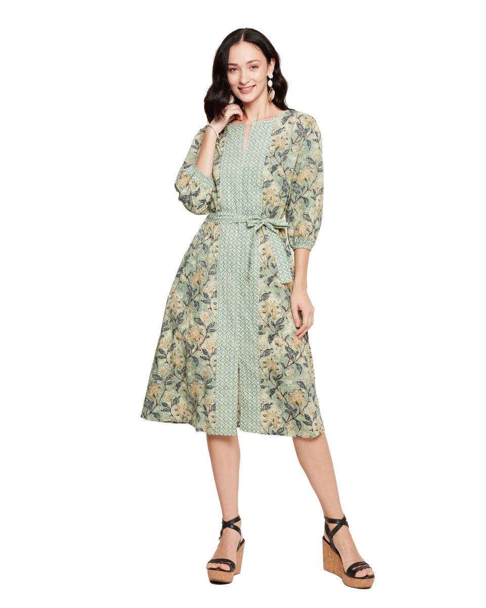 Moss Green Floral Print Cotton Women Summer Midi Dress S