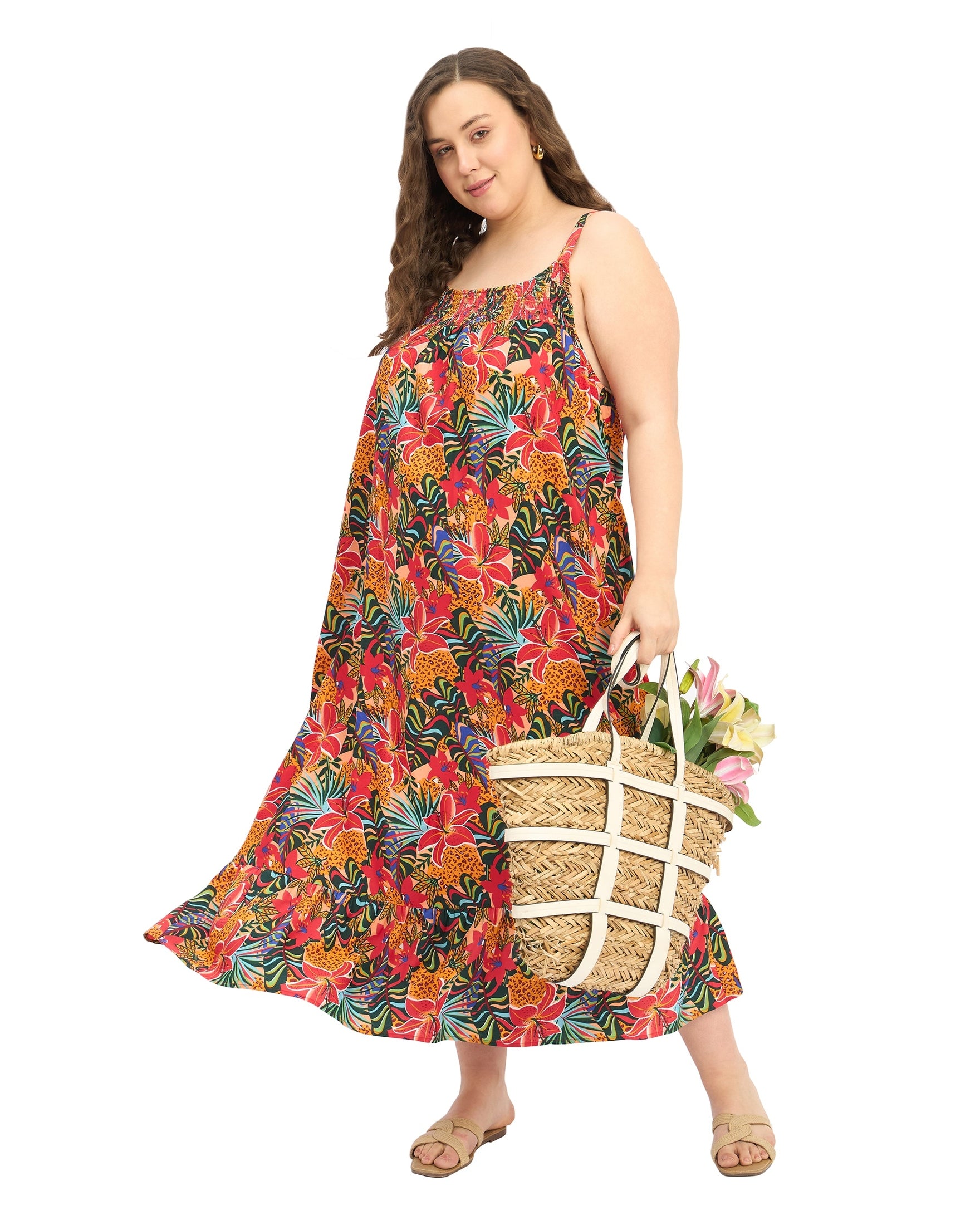 Multicolor Polyester Plus Size Summer Floral Maxi Dress for Women