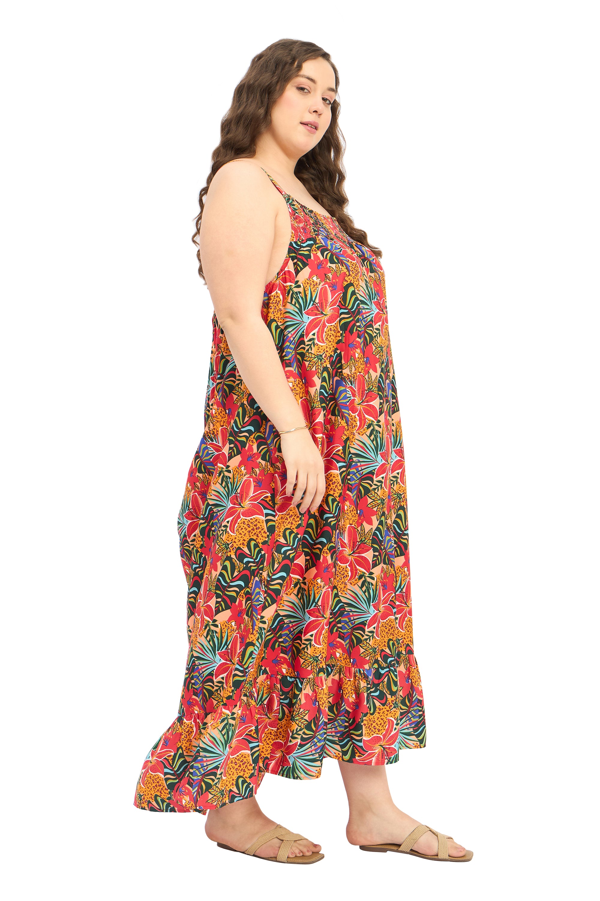 Multicolor Polyester Plus Size Summer Floral Maxi Dress for Women
