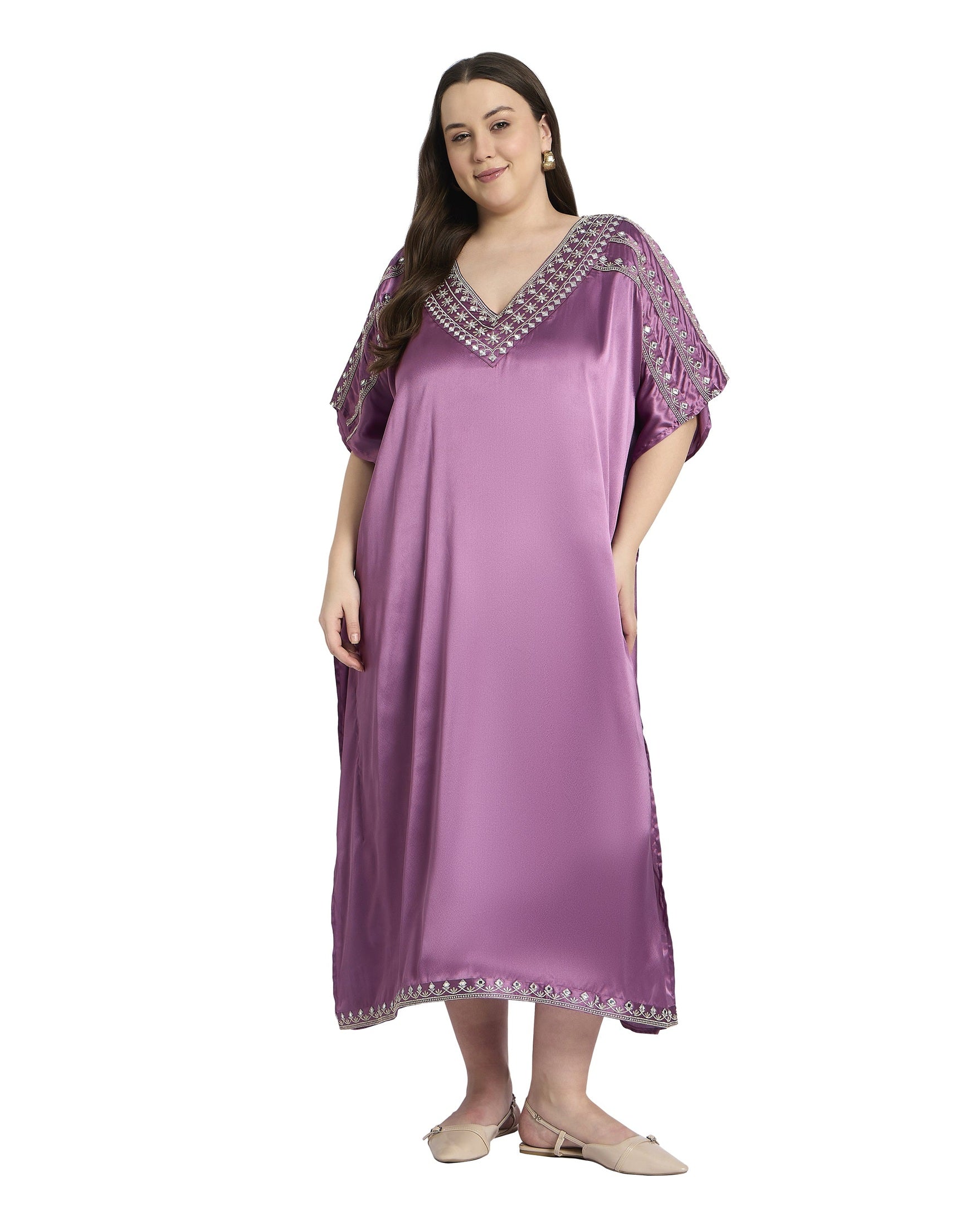Gypsie Blu Purple Women Plus Size Satin Kaftan with Embroidery