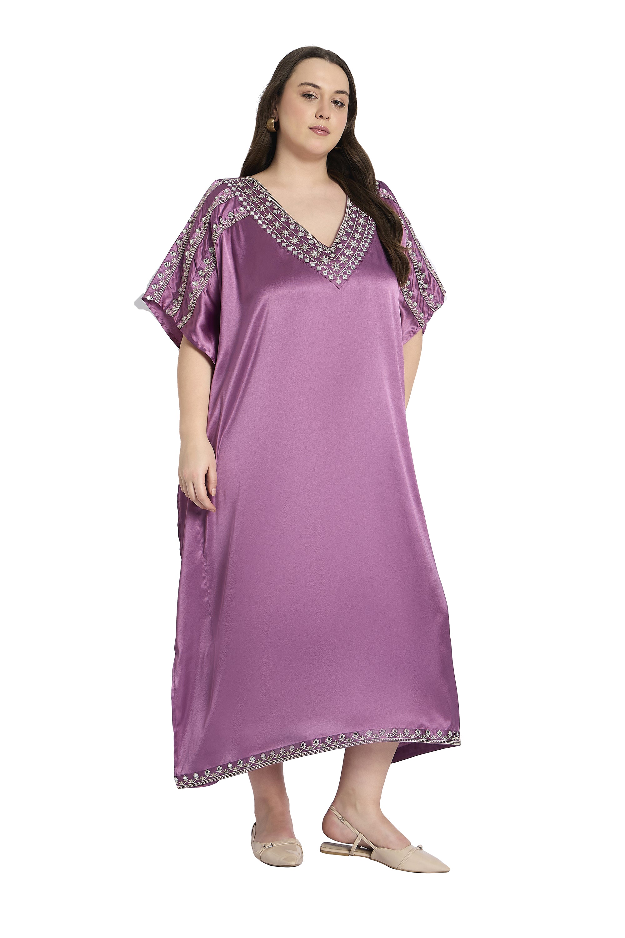 Gypsie Blu Purple Women Plus Size Satin Kaftan with Embroidery