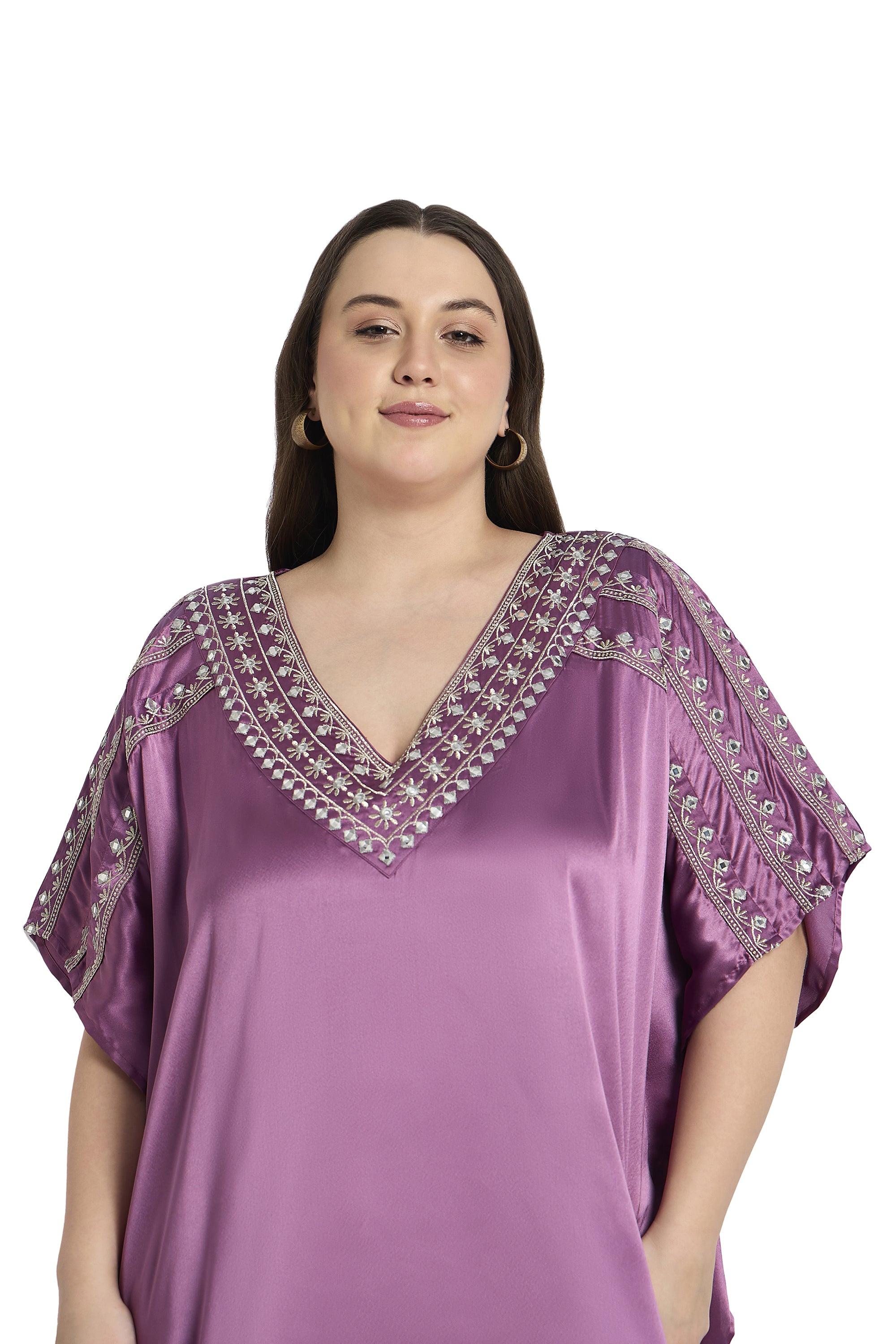 Gypsie Blu Purple Women Plus Size Satin Kaftan with Embroidery