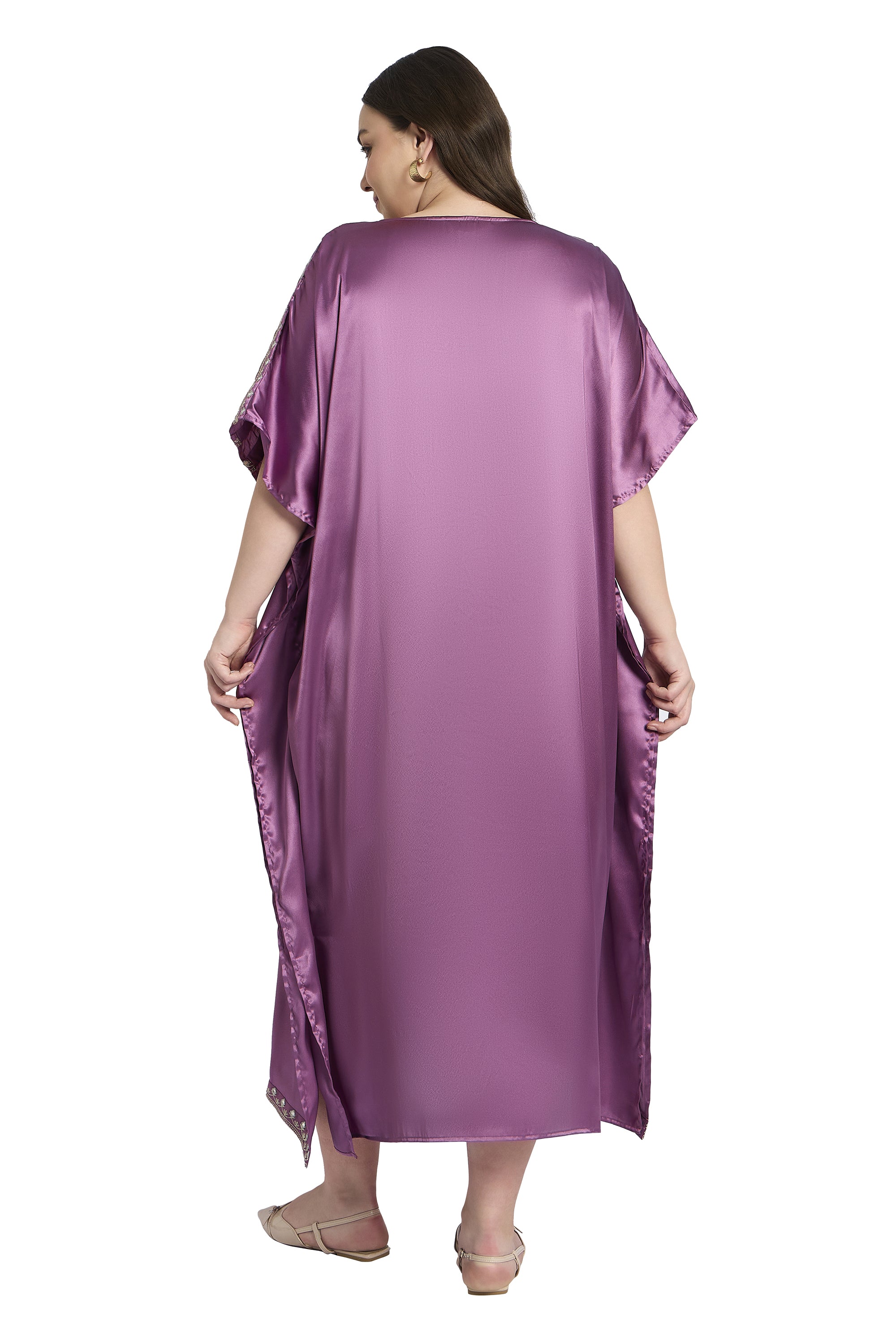 Gypsie Blu Purple Women Plus Size Satin Kaftan with Embroidery