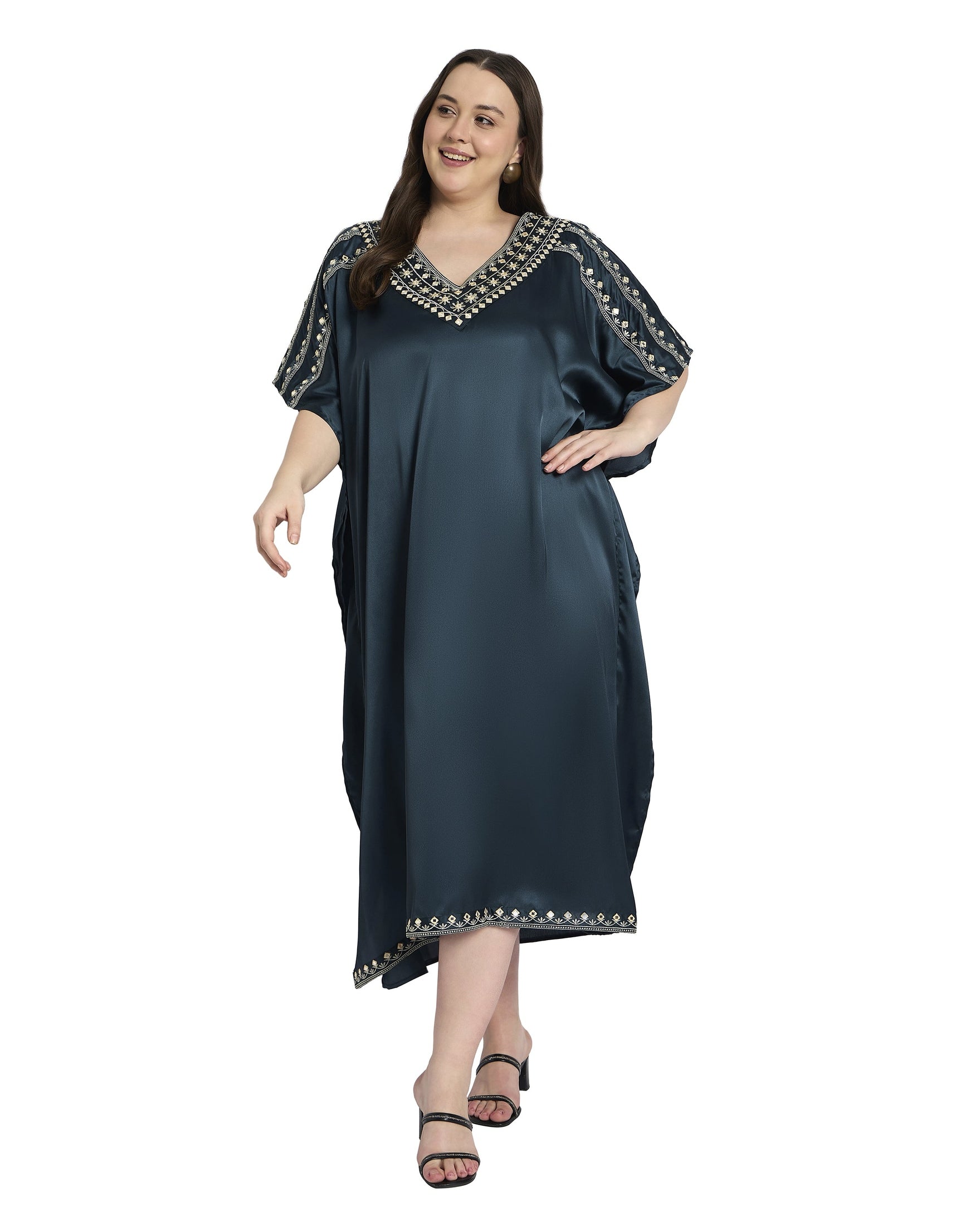 Gypsie Blu Dark Grey Embroidered Satin Kaftan for Plus Size Women