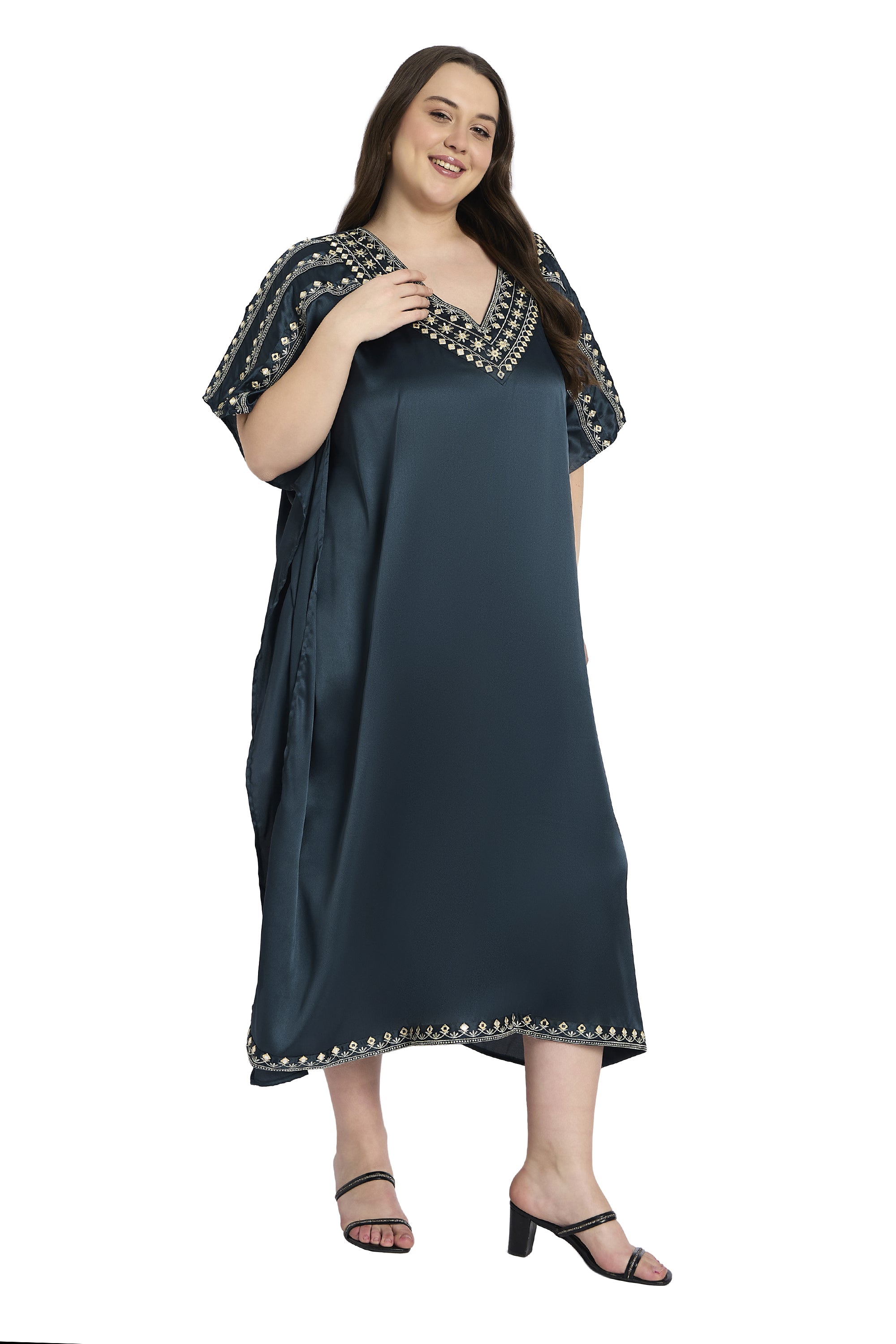 Gypsie Blu Dark Grey Embroidered Satin Kaftan for Plus Size Women